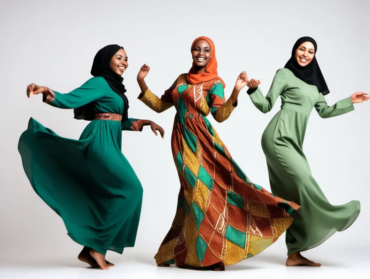 Beautiful smiling African woman in modest green outfit dancing with 2 muslim women in multi coloured muslim dresses white background