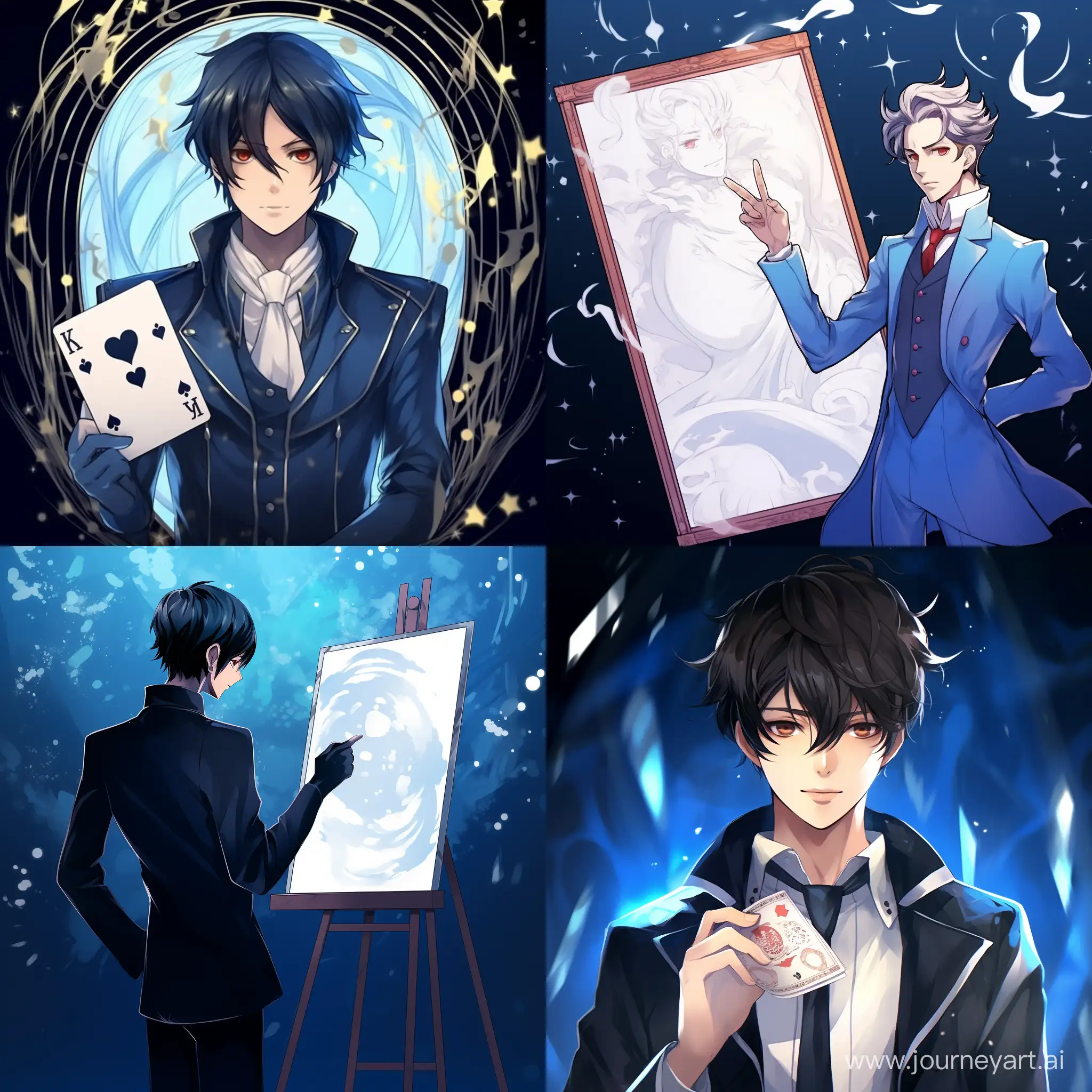 anime style, Anime, Anime drawing, Simple drawing, Blue background, The white sign of a The Magician, Banner with a picture.