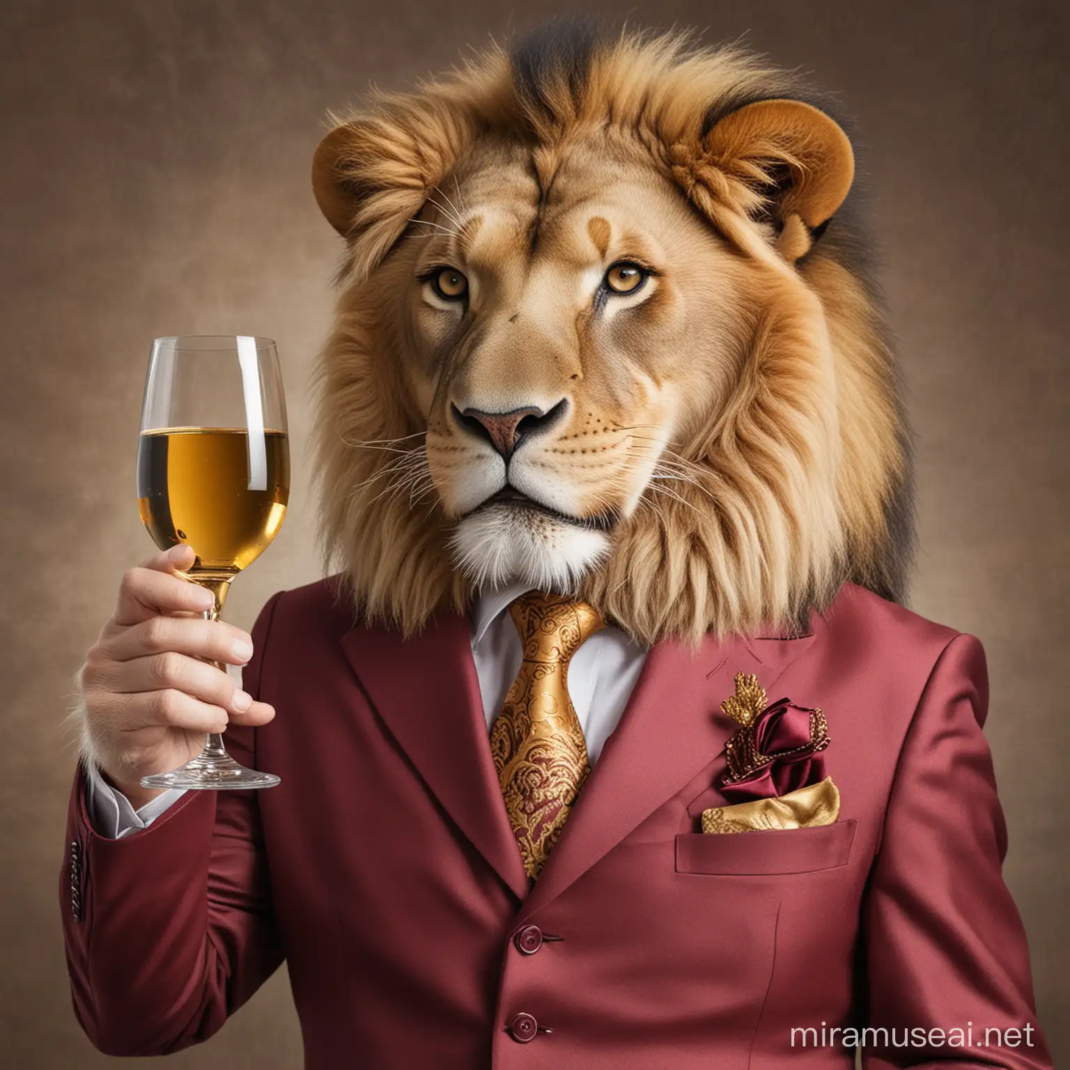 Picture of a lion in wine colour suit drinking wine from a champagne cup