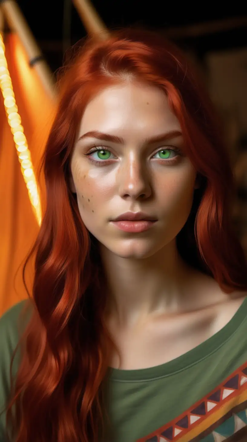 Generate photograph of a 25-year-old artist woman. She is beautiful with long red wave hair, perfect face, perfect green eye, perfect lips. She is in a relaxed art studio setting, painting an abstract native american child by a tipi.

 Image quality  has a cinematic warm lighting, Kodak gold 400 quality rendering. Upscale with high quality definition.

No bad lips, no bad eyes, no bad teeth, no watermark, no masculine features, no distorted hands and no distorted finger.