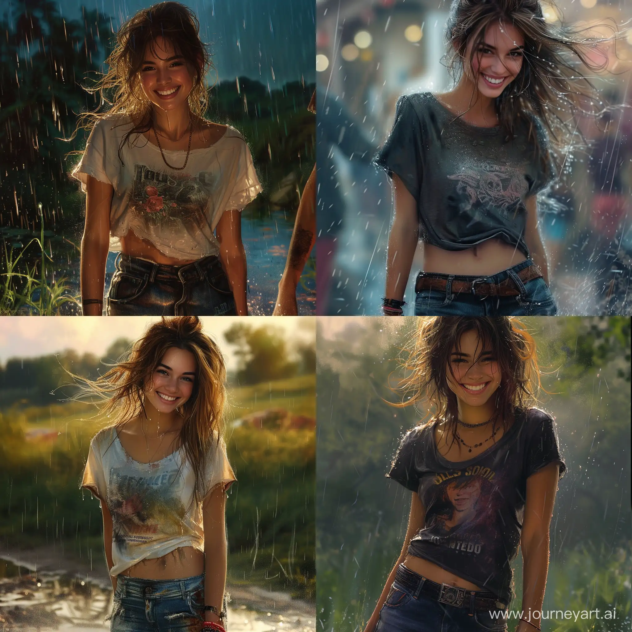 beautiful woman,  tshirt contest, outside in the rain, smiling at you, thin pretty face,(  flabb wide  jeans, girlfriend, fat , messy brown hair,  the style of Olga Skomorokhova, realistically detailed
