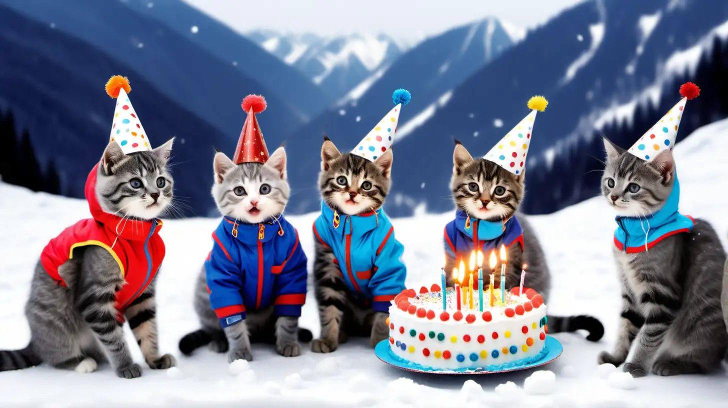 Mountain Birthday Celebration Gray Cats in Ski Suits