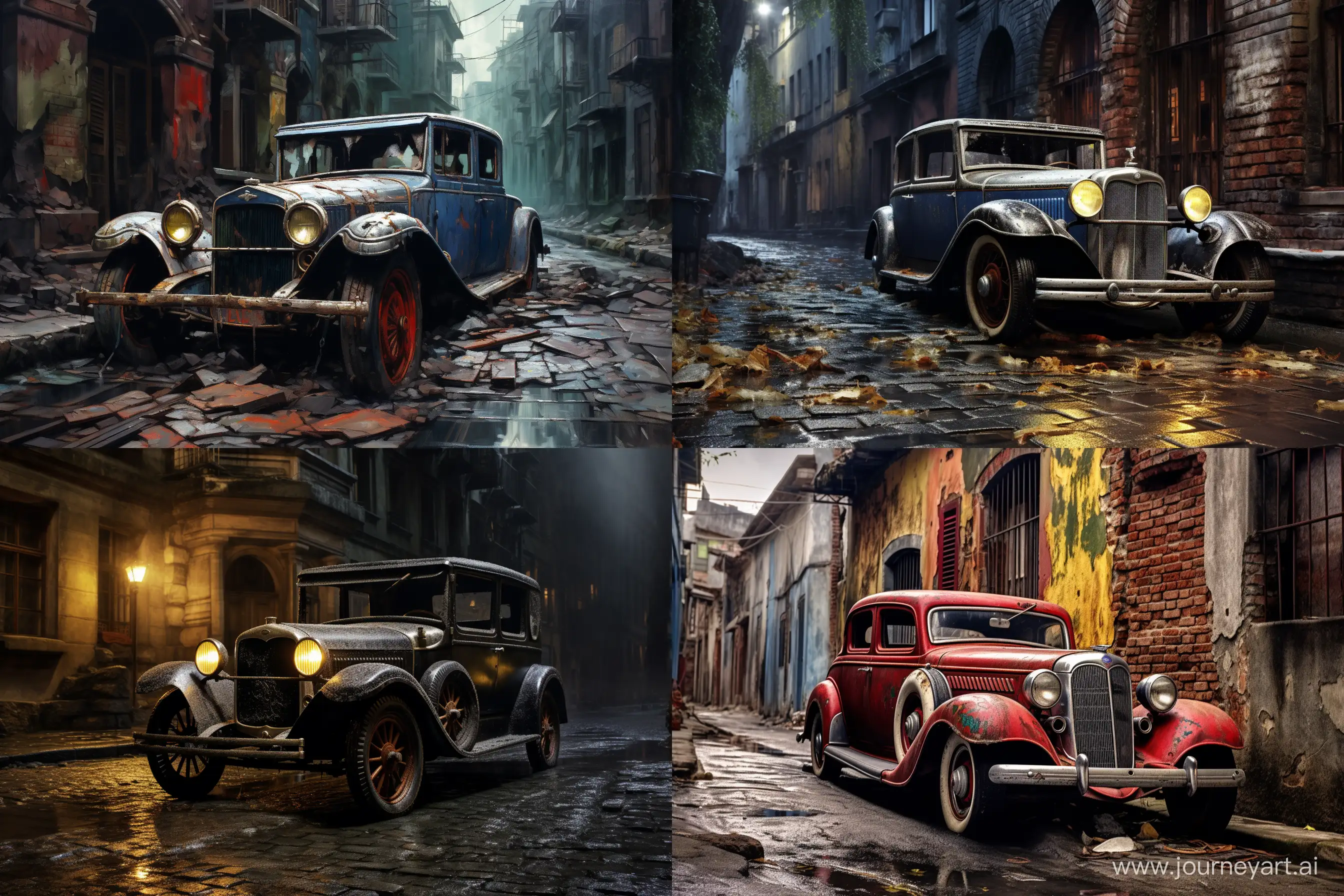 Vintage-Urban-Expressionism-Nostalgic-1900s-Car-on-Cobbled-City-Street