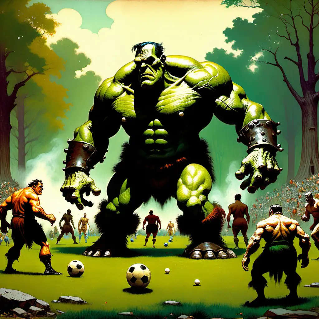 Frankenstein playing soccer with giant ogres in a huge park Frank Frazetta style