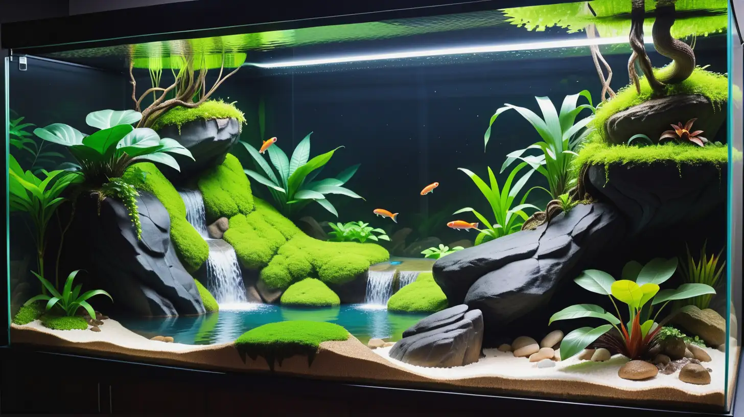 A 130cm by 45 cm by 70 cm tropical snake paludarium with the left half the paludarium as a full-on integral mountain cliff with a waterfall and the other half lake-side wih a large flat area on the right half.