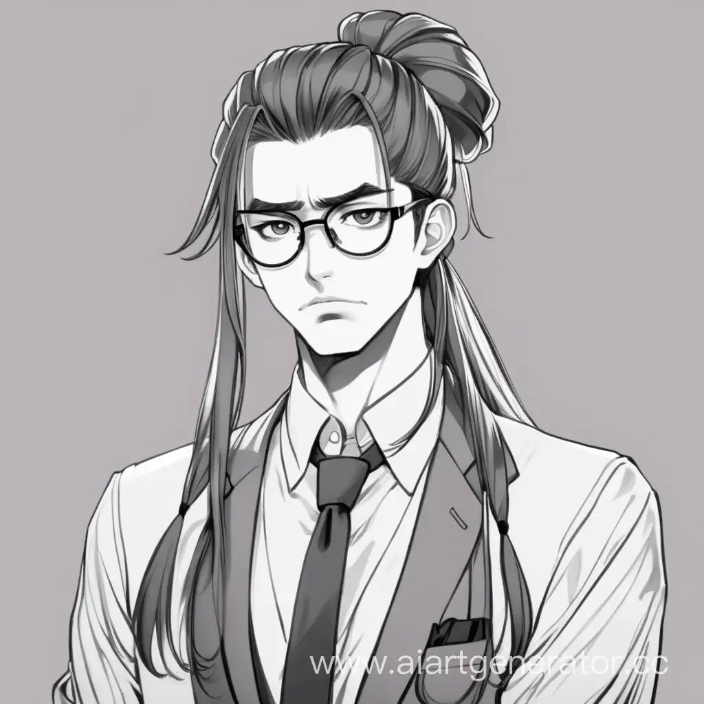 Tsundere-Young-Man-with-Long-Ponytail-and-Glasses