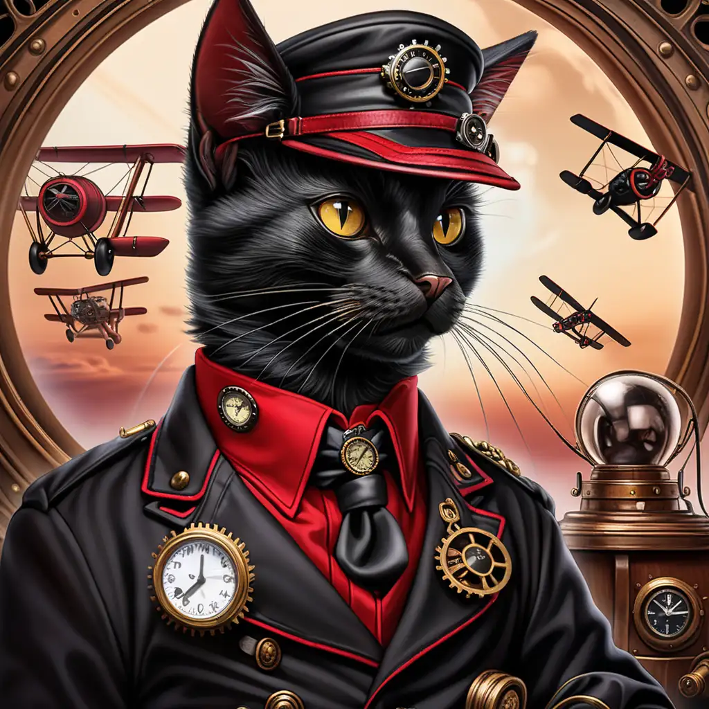 Steampunk Black Cat Airline Pilot in Striking Red and Black Ensemble