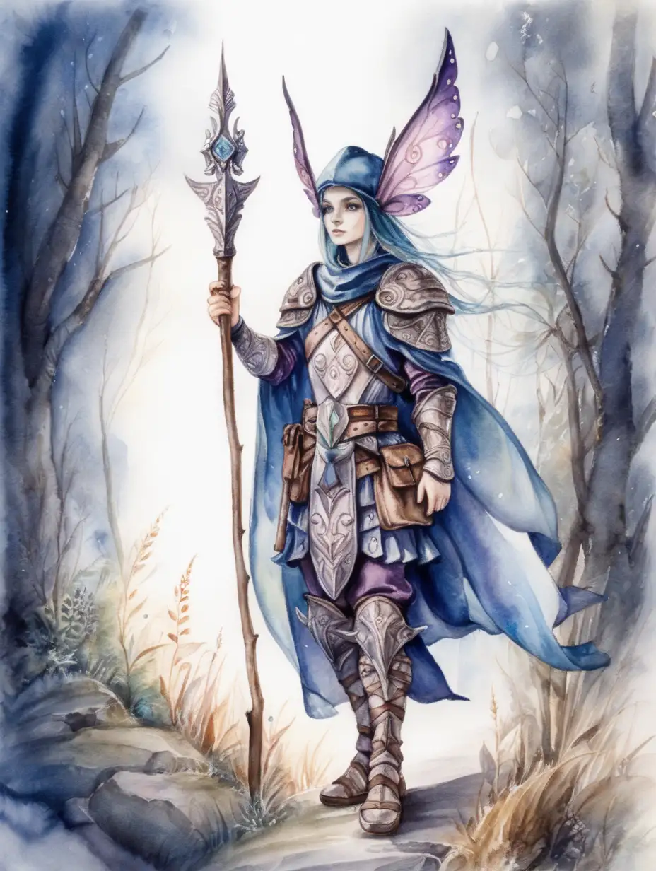 fantasy high fae kind guard patrolling, dark watercolor drawing, no background