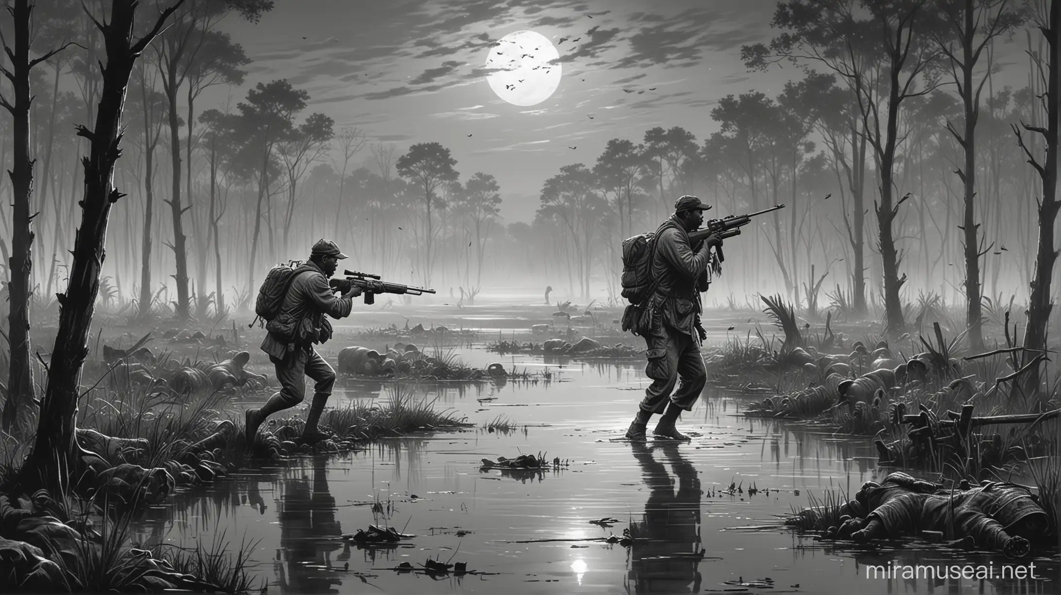 Generate the image of 2 black indian village men shooting big guns into a swamp at night. pig running long distance. sketch
