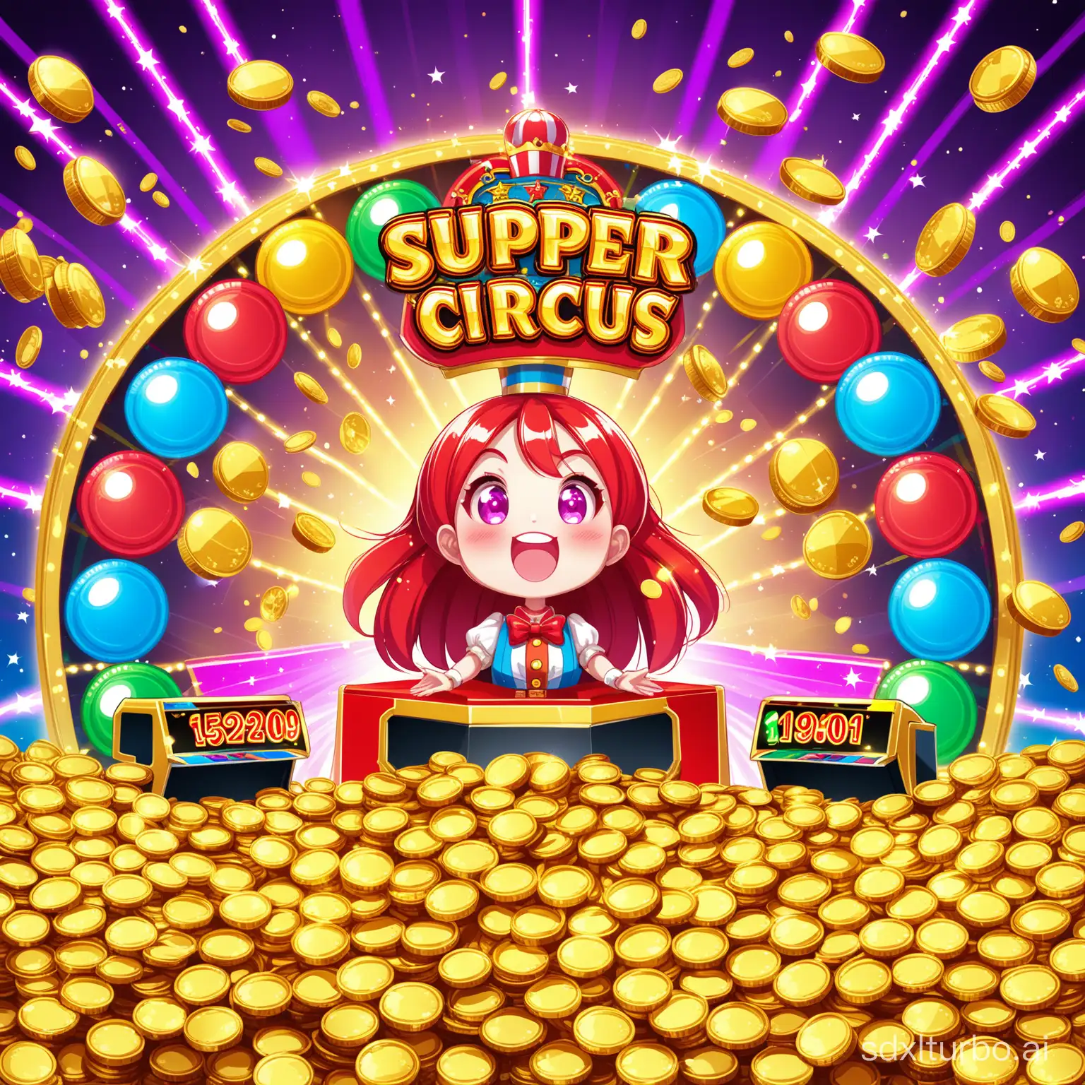 Arcade game Super Circus, coin pusher jackpot, BIGWIN, gold coins explosion