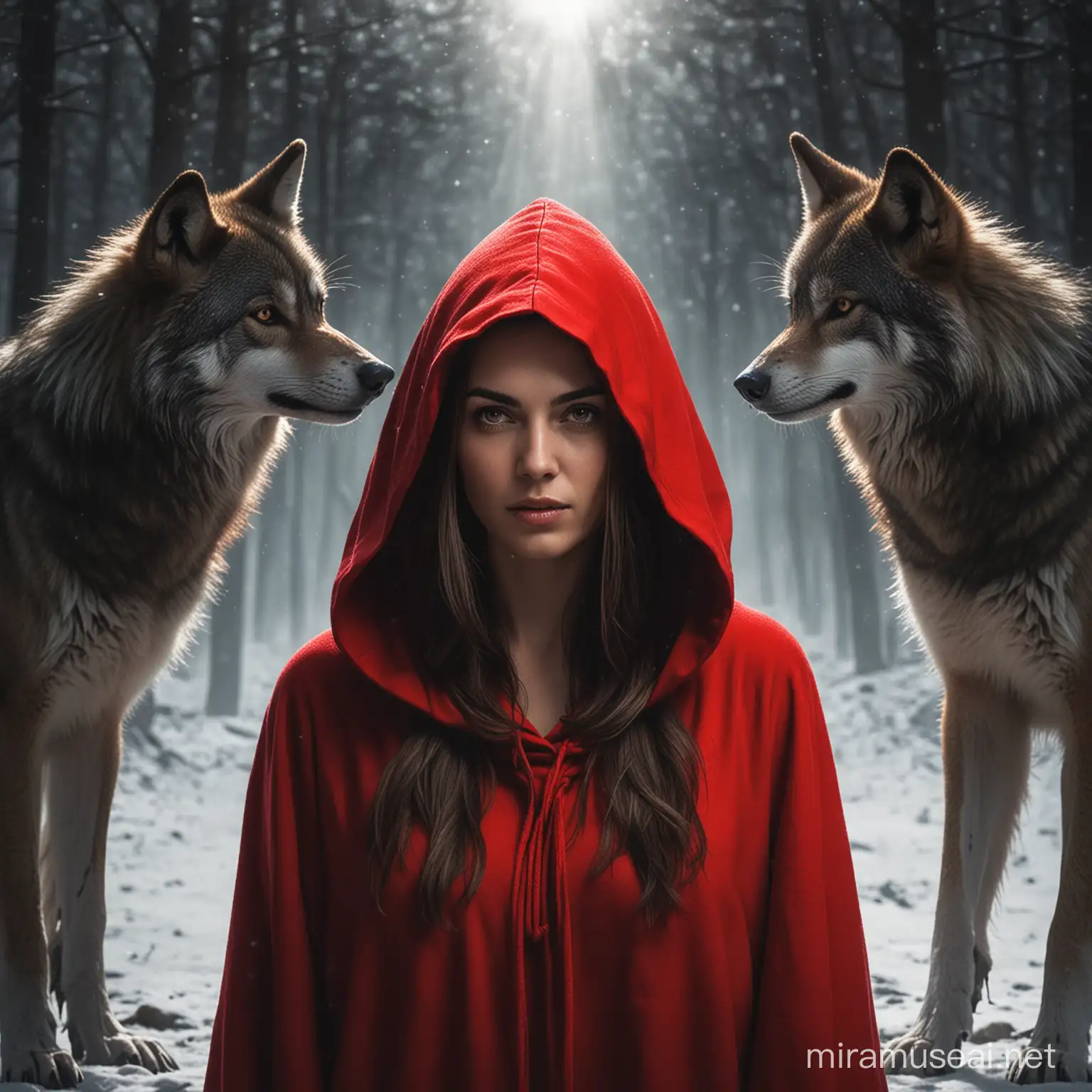 Wolves and  woman in red hooded cloak face in shadow 