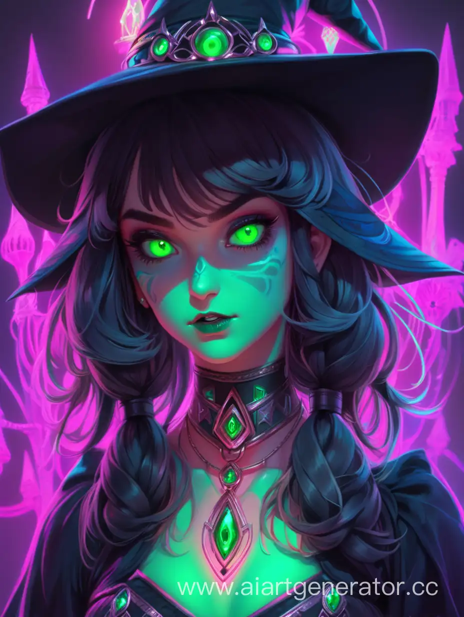 Beautiful witch with green eyes in neon 