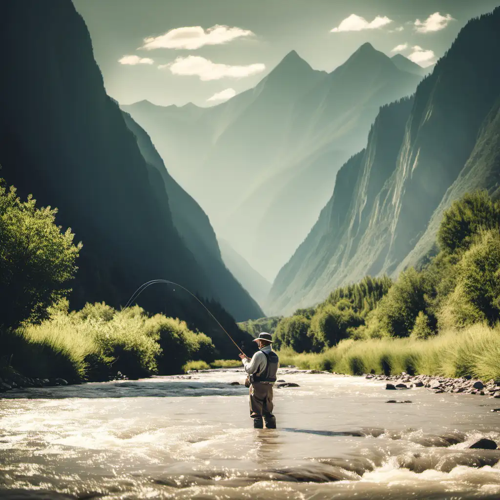 Tranquil Fly Fishing amidst Majestic Mountain Backdrop