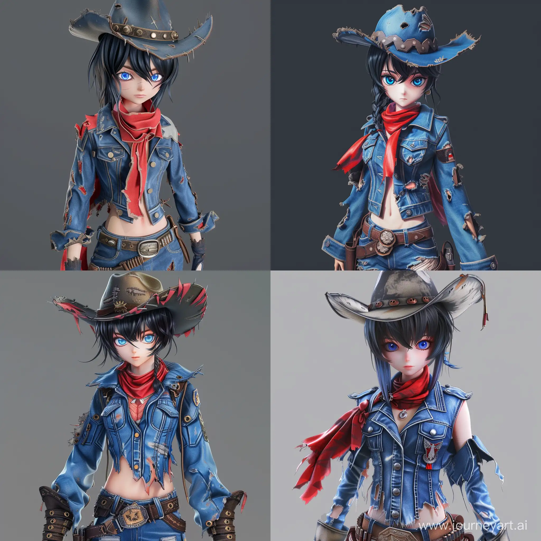 Anime-Cowboy-Girl-in-Realistic-Denim-Military-Suit-and-Hat-with-Red-Scarf