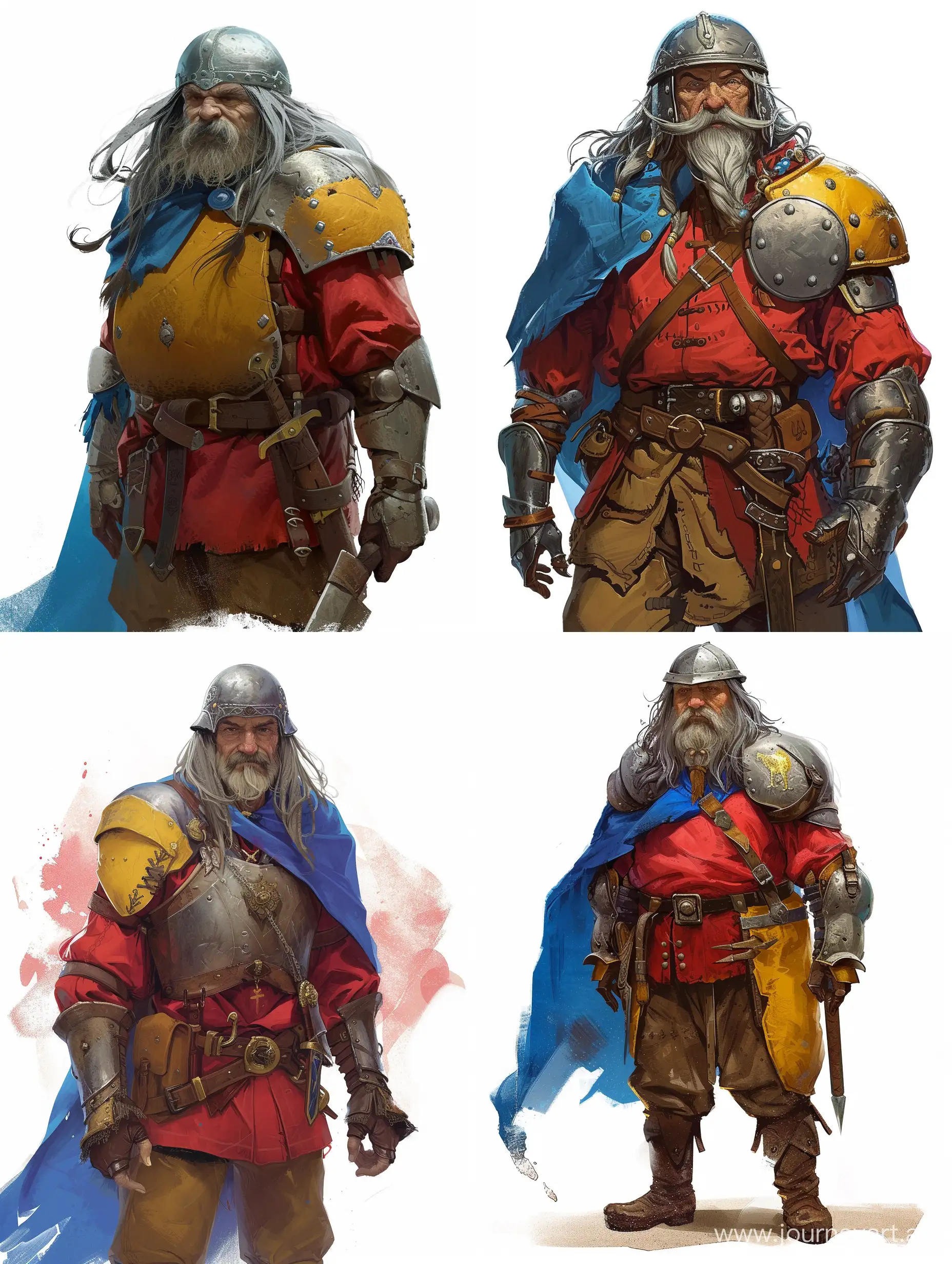 a short old man with long gray hair, mustache and beard, he wears a red shirt and brown trousers covered with metal armor, as well as a helmet with a visor. A blue cloak is attached to the shoulder armor, which has a yellow color on the back side.