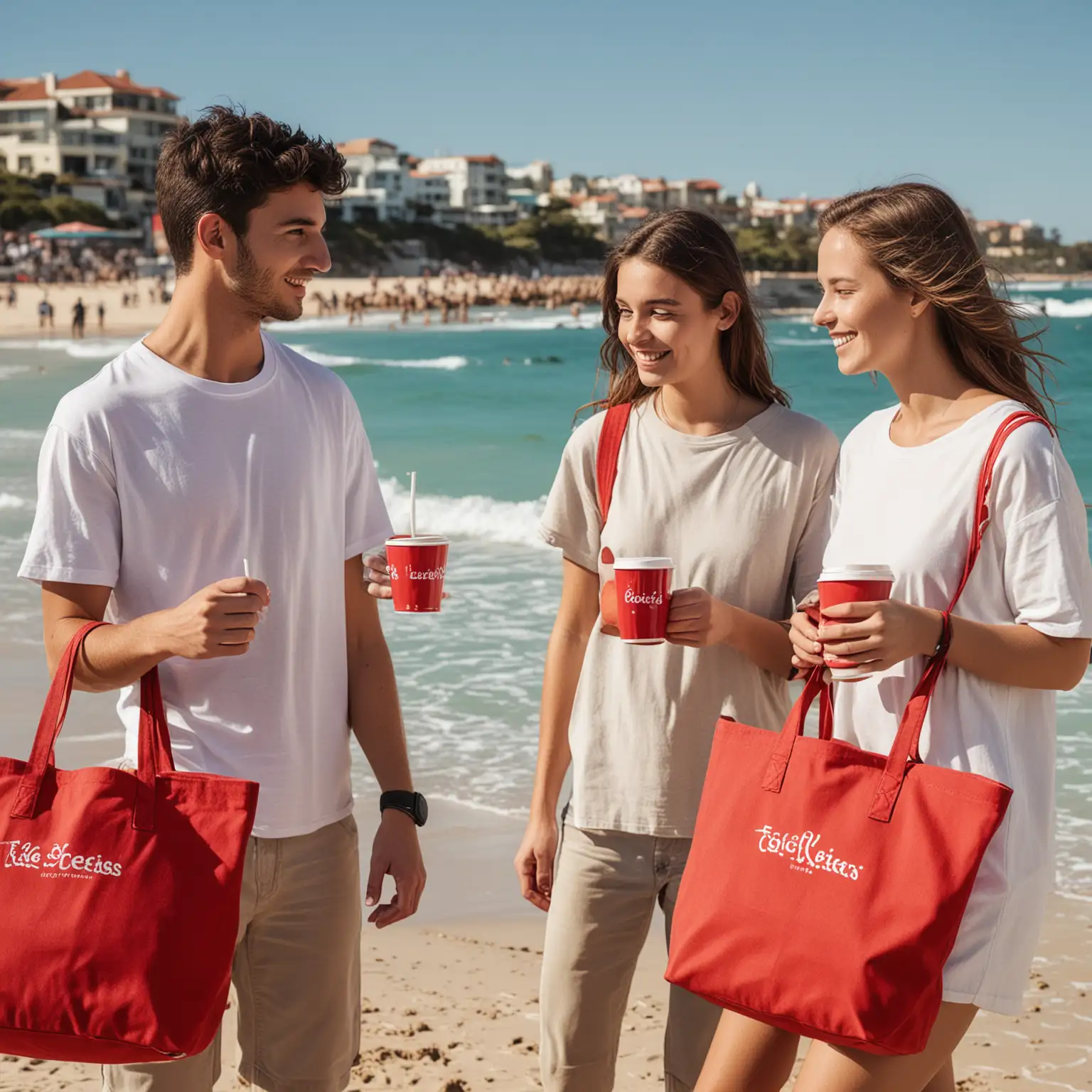 a group of youngsters boys & girls mid 20's carrying a red canvas tote bag  with no branding across their shoulders on bondi beach, sipping a coffee at a cafe , create a vibrant coffee very sydney scene. fashion photography . Sony a7R IV camera, Meike 80mm F1.8 lens, action photography
