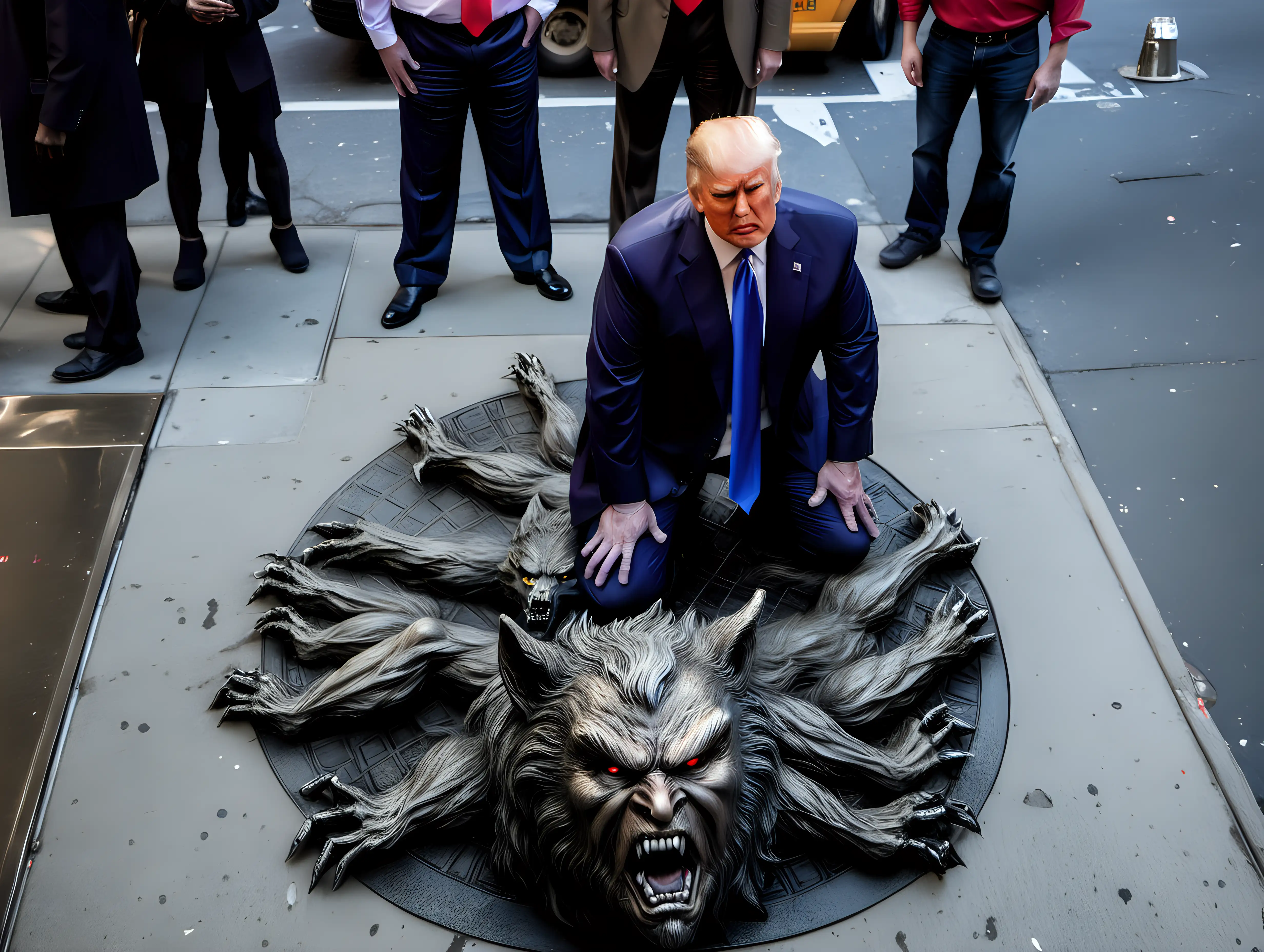Donald Trump standing over The Wolfman in the streets of NYC