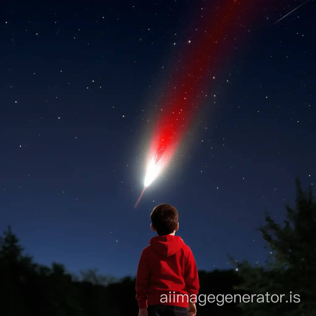 A boy looks up into the night sky at a comet with a red tail.