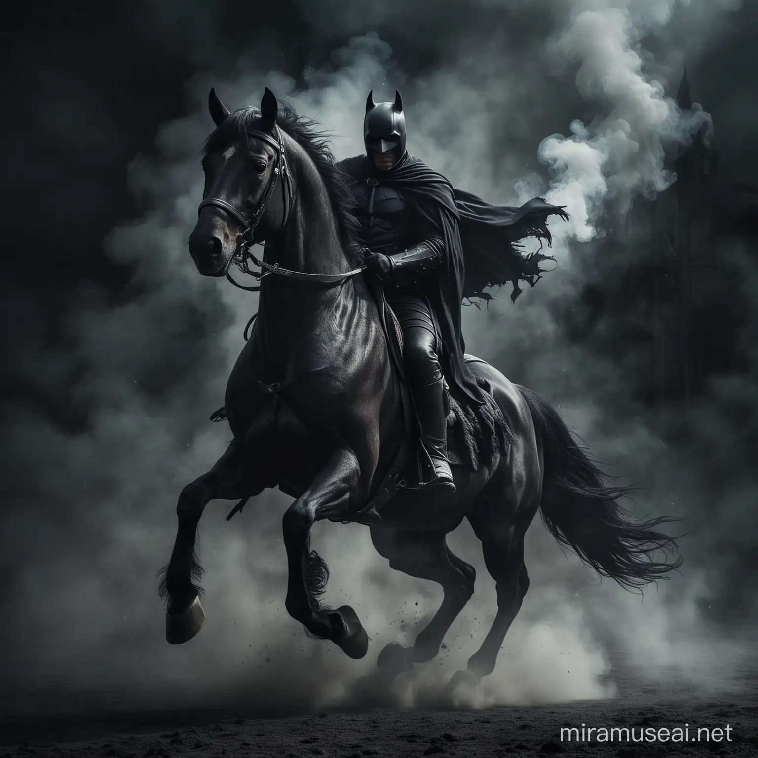 A dark knight, on a black horse, evil, smoke, dramatic background 