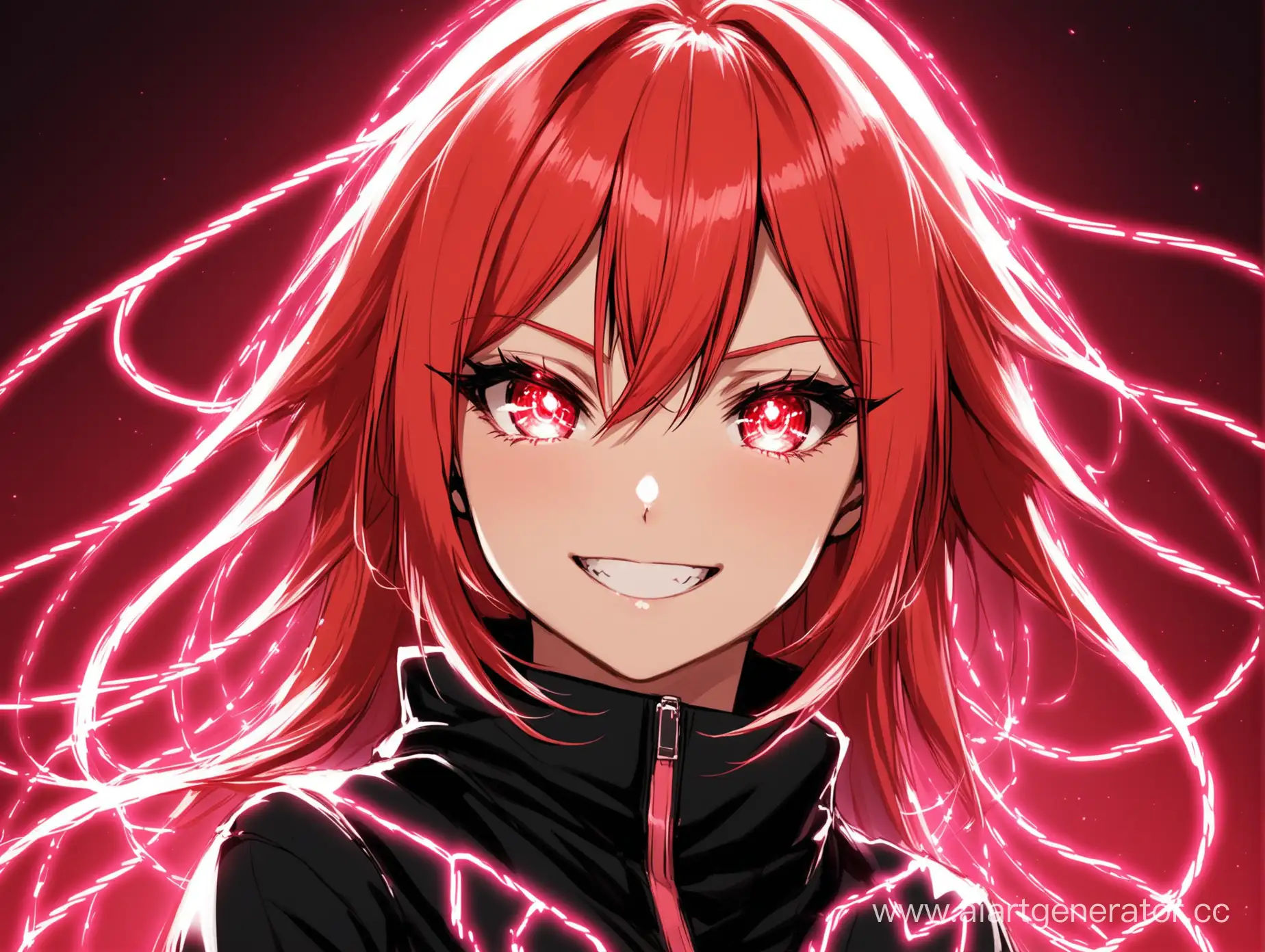 girl, light red hair electro, red light eyes, snide smile
