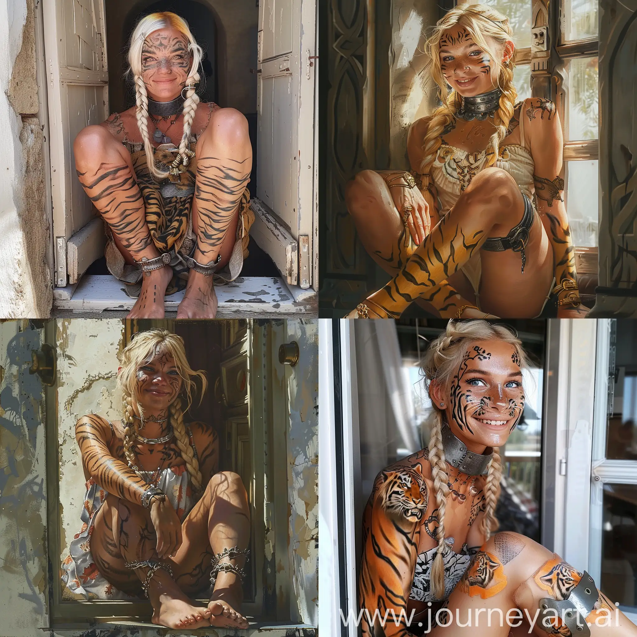 Photorealistic. Blonde woman. Plaits. Realistic tiger markings tattooed on face and neck. Barefoot. Tiger stripes tattooed on feet and ankles. Wearing a summer dress and a metal collar. Sitting in a window. Smiling. Ankle cuffs