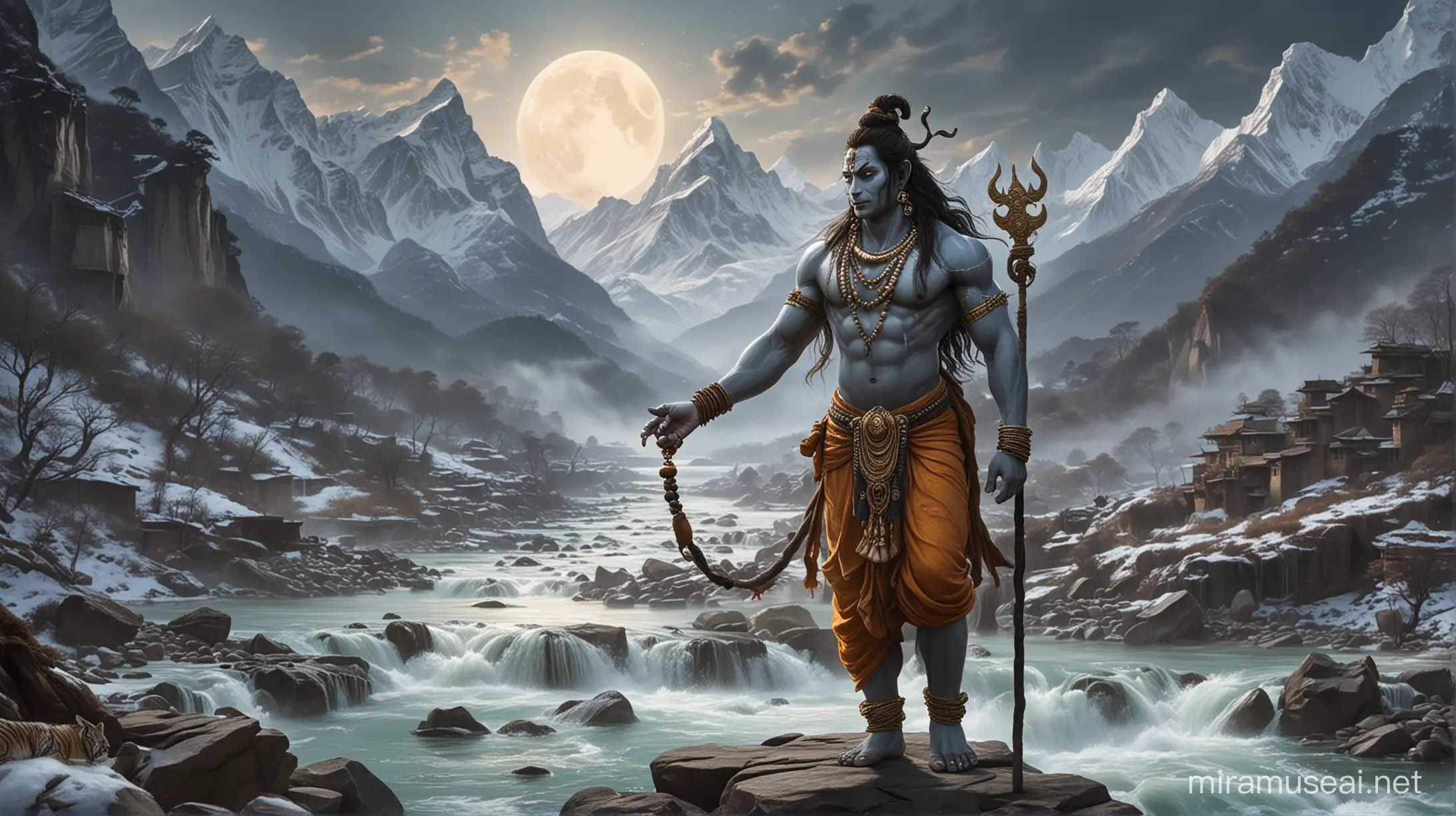 Lord Shiva Standing Triumphantly on Demon Amidst Himalayan Serenity