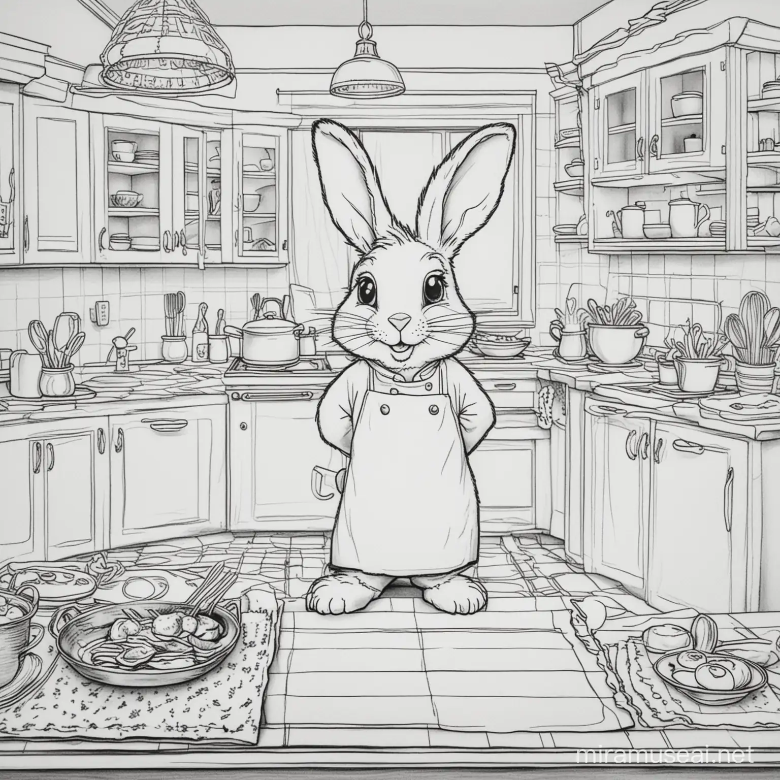 bw outline art for kids colouing book page; kitchen with a rabbit as the chef
