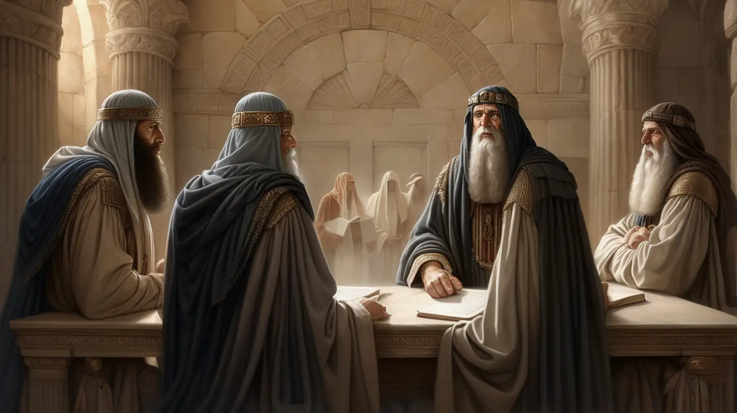 epoque biblique, un hébreu païen regarde trois juges dans un tribunal antique, les juges sont des hébreux avec la tête couverte d'un foulard et de beaux visages