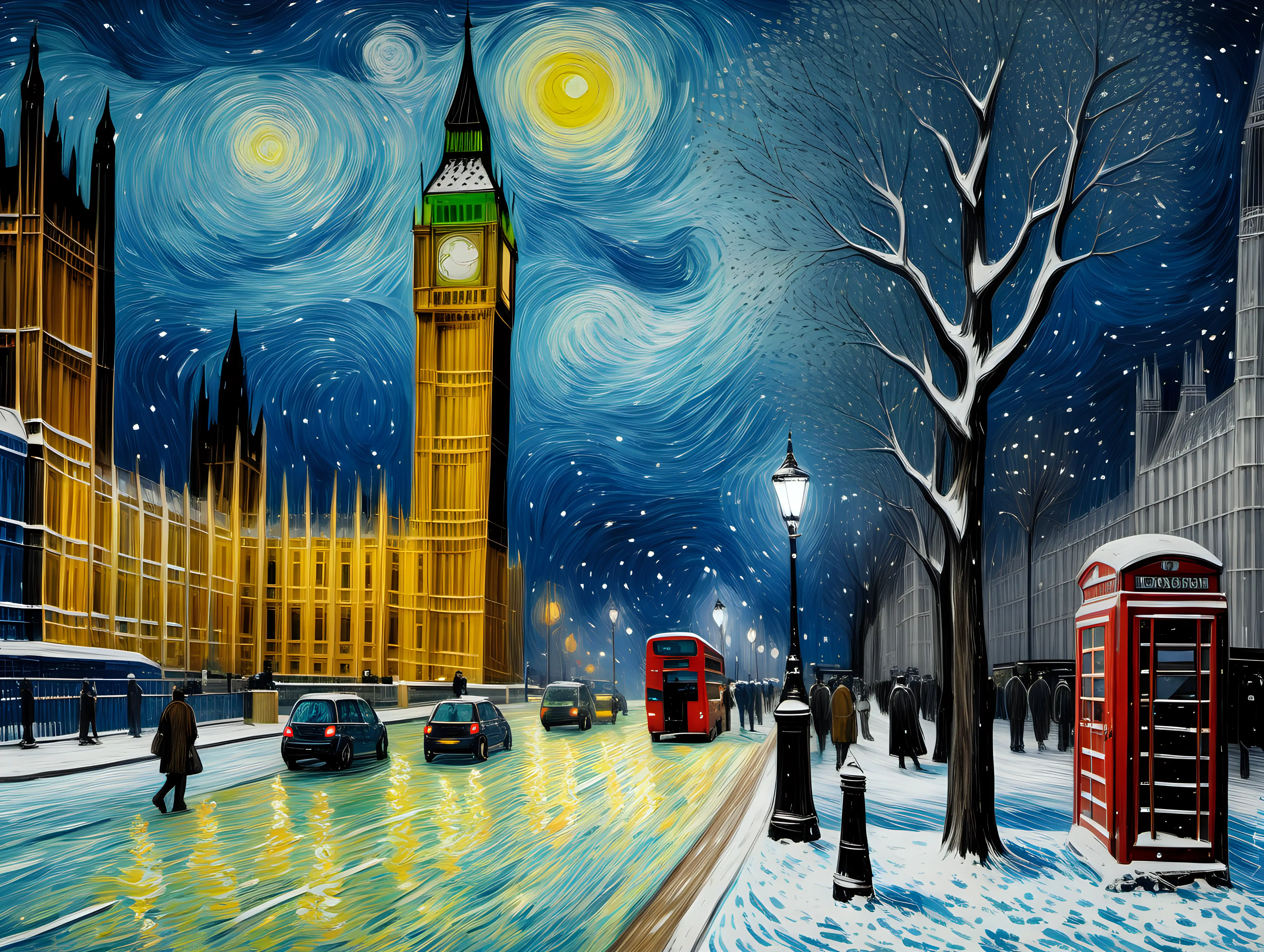 Van Gogh style snowing scene at Westminster parliament street