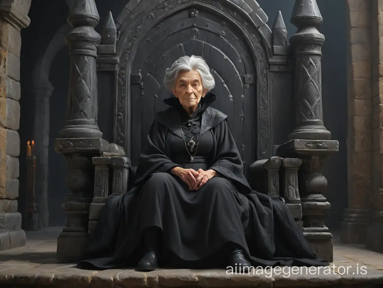 in the background there is a high hall of the castle, an old woman sits on a high throne, dressed all in black, looks like a witch, short gray hair
