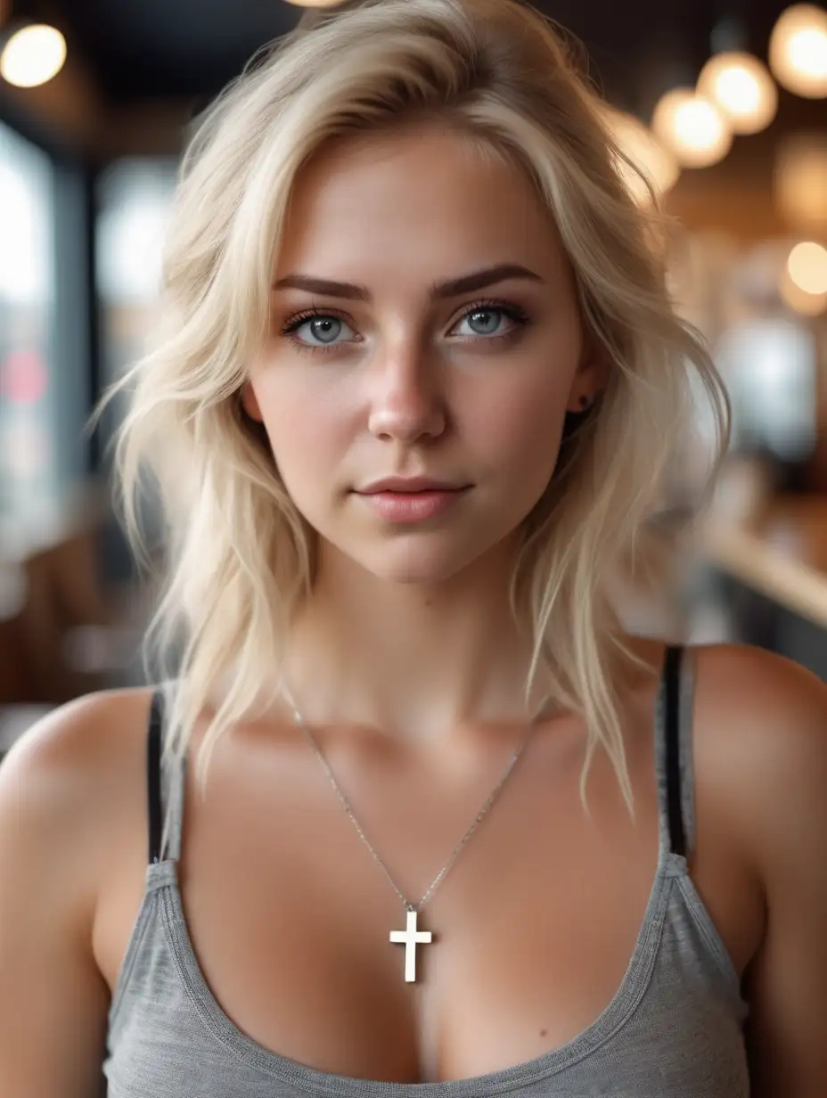 Beautiful Nordic woman, very attractive face, detailed eyes, big breasts, dark eye shadow, messy blonde hair, wearing a cute tank top, mid drift showing,  small cross necklace, super close up, bokeh background, soft light on face, rim lighting, facing away from camera, looking back over her shoulder, standing in a coffee shop, photorealistic, very high detail, extra wide photo, full body photo, aerial photo