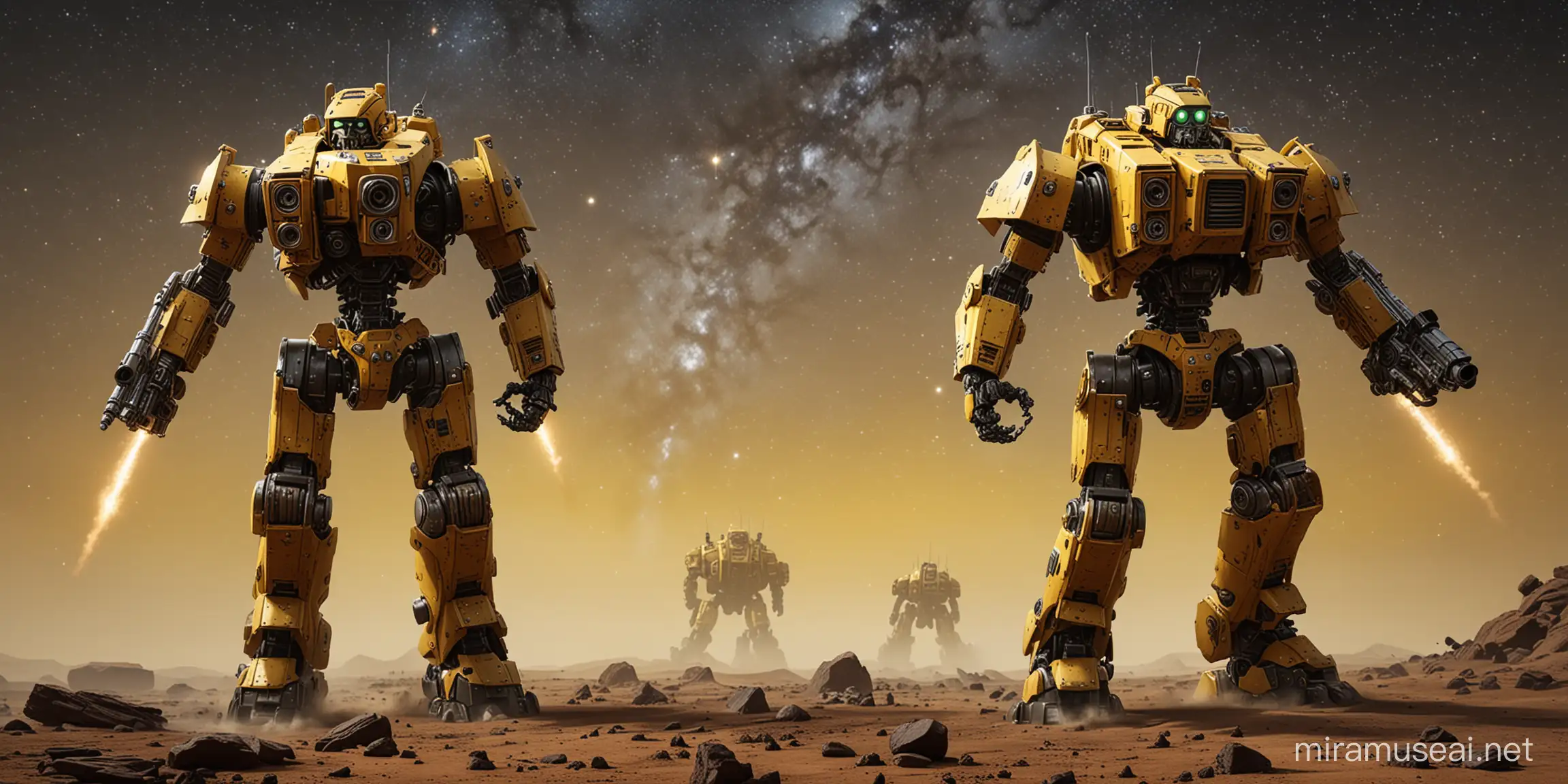 two bipedal robots with super heavy armour slow walk and firing to horizon, warhammer 40k style, yellow-black metallic chrome space background full of stars
