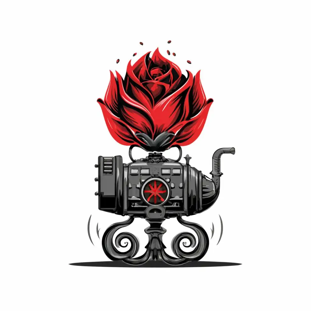 logo, The author's style "Paradoxical reality of optimal minimum of limitless possibilities" in the field of luminescent technology design for the image "CRIMEAN ROSE in the form of a character of an abstract fairy-tale boiler on chicken legs, a pile of coal on the right side, firewood on the left side, image without text, background white color", with the text "___
", typography