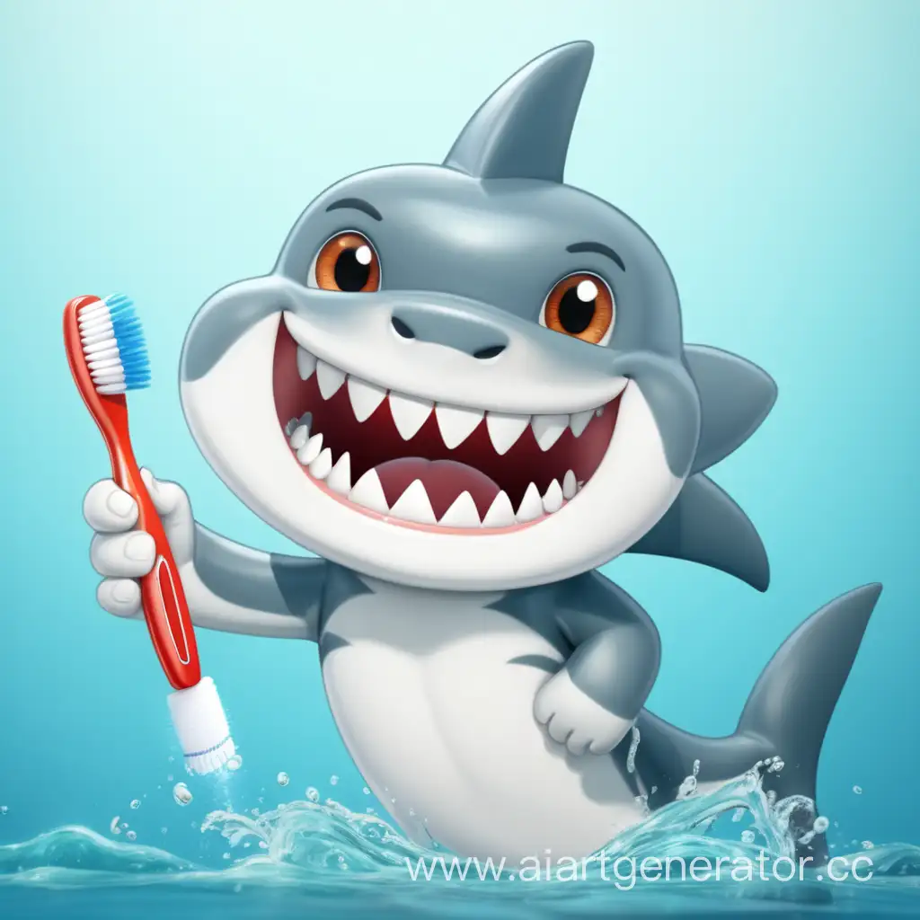 маленькая акула ,чистит зубы, зубной щеткой, анимационный   детский стиль, 4k