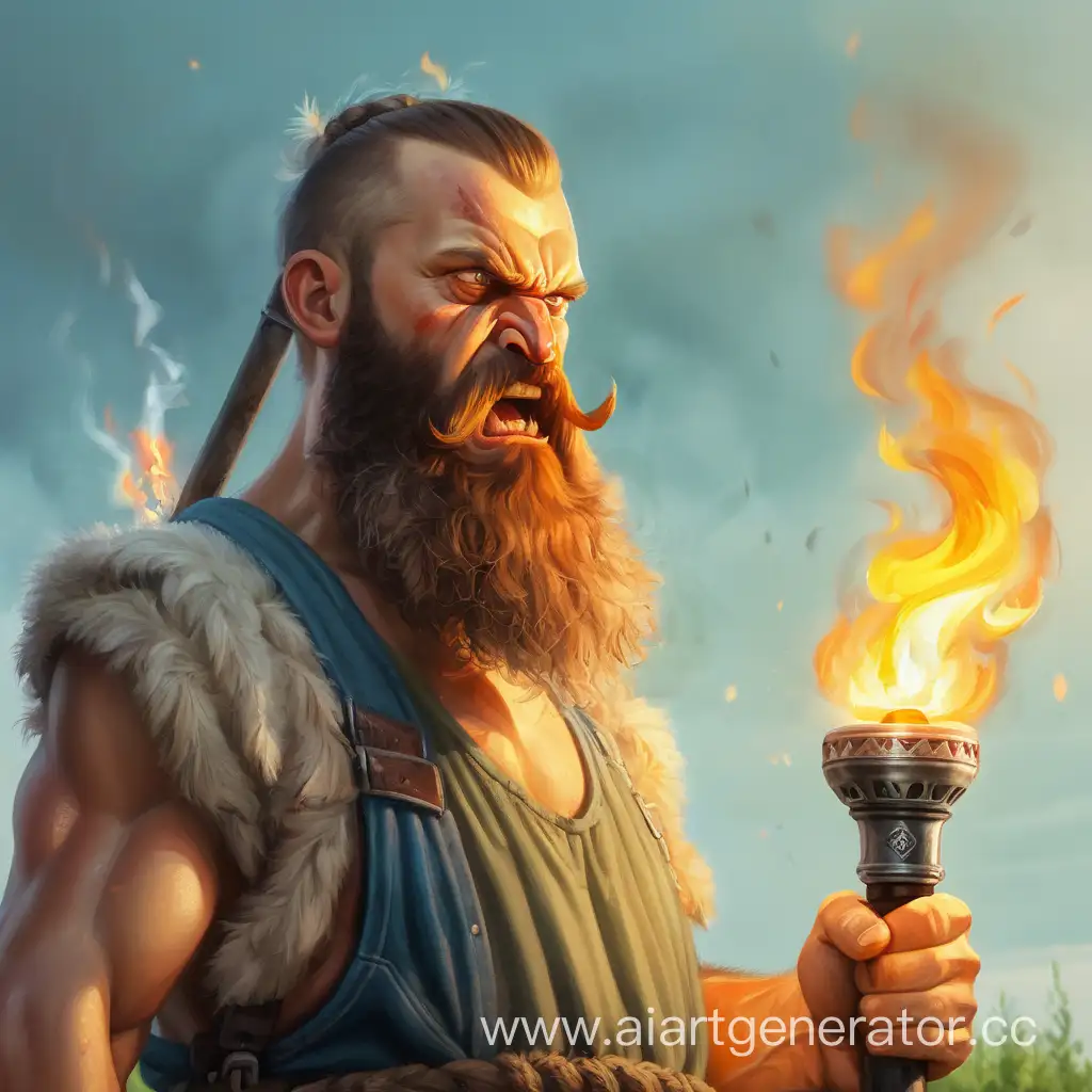angry bearded slavic man with a torch at summer