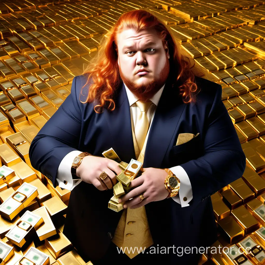 Wealthy-Chubby-Businessman-Surrounded-by-Gold-Bars-and-Luxury