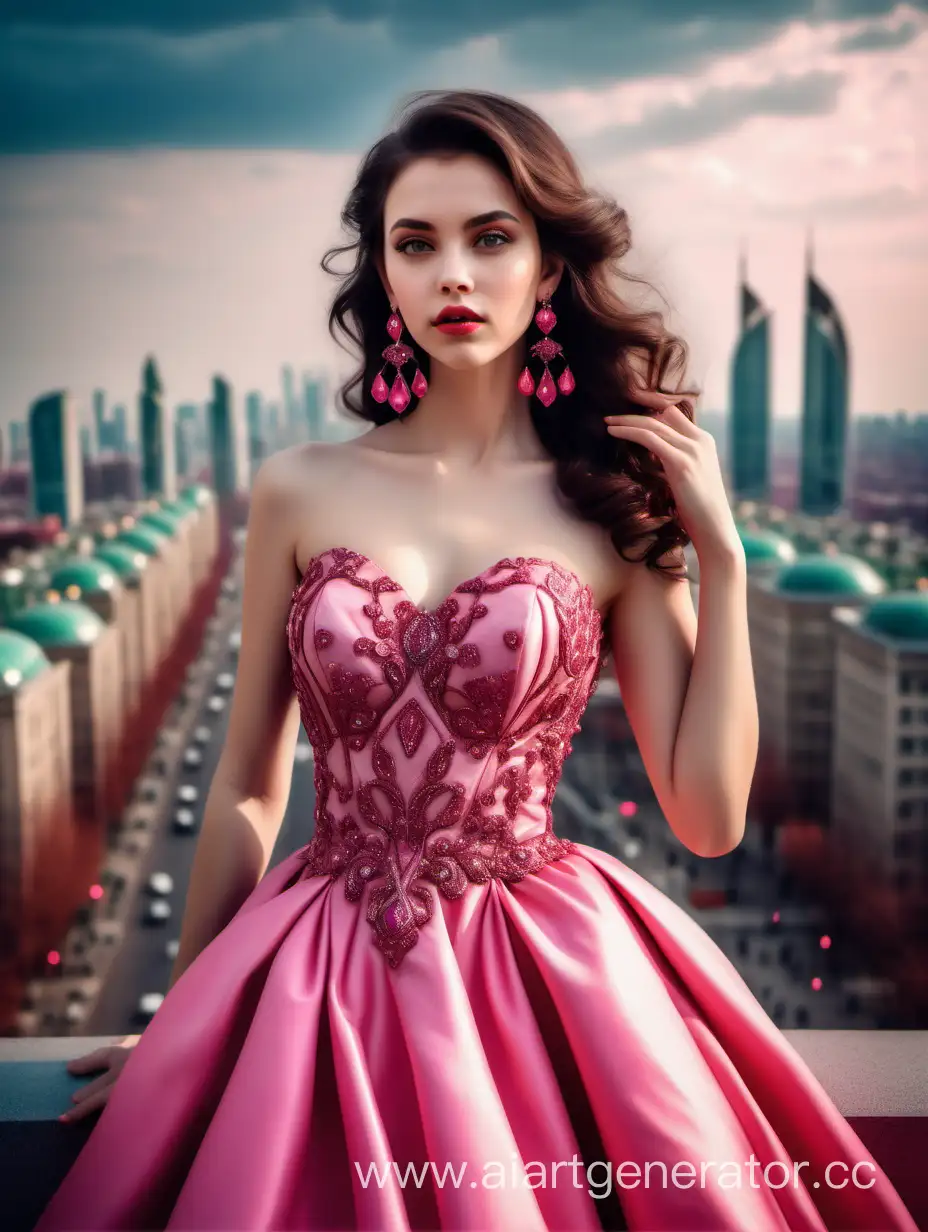 Необычайно красивая девушка с темными волосами до талии, в красивом пышном платье розового цвета, с красными массивными серьгами с драгоценными камнями, на фоне города будущего