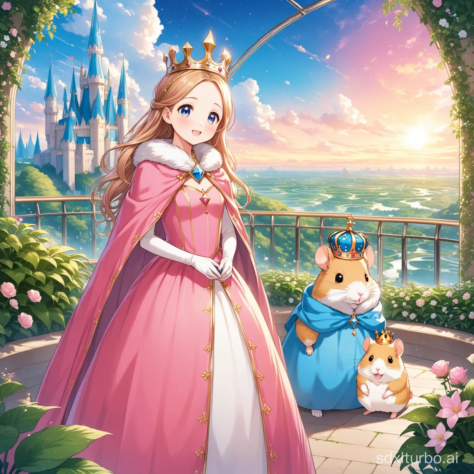 There is a princess wearing a pink dress and a blue crown and a hamster with a king's crown and a cloak enjoying the scenery in the sky garden