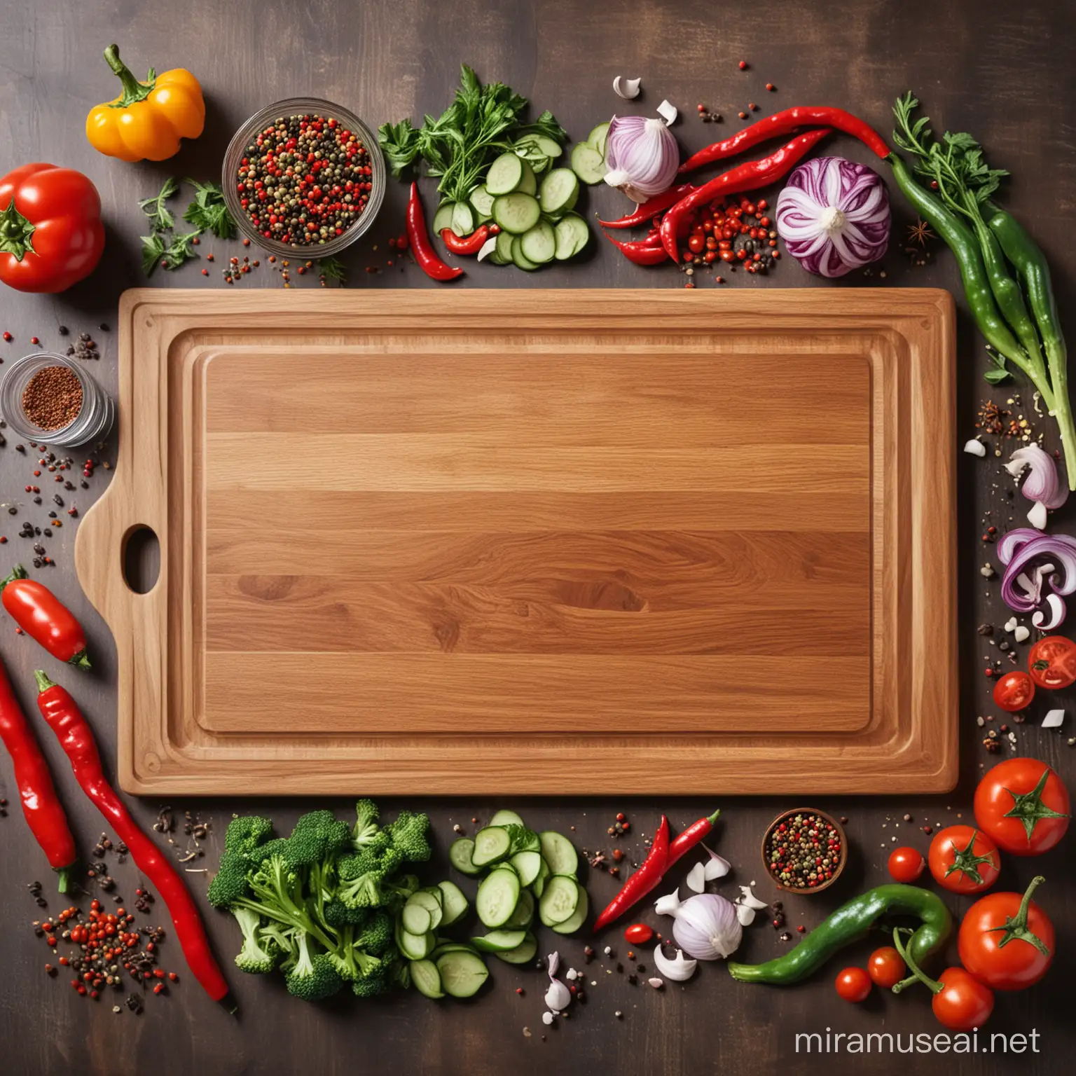 Rustic Wooden Chopping Board Surrounded by Fresh Vegetables and Spices