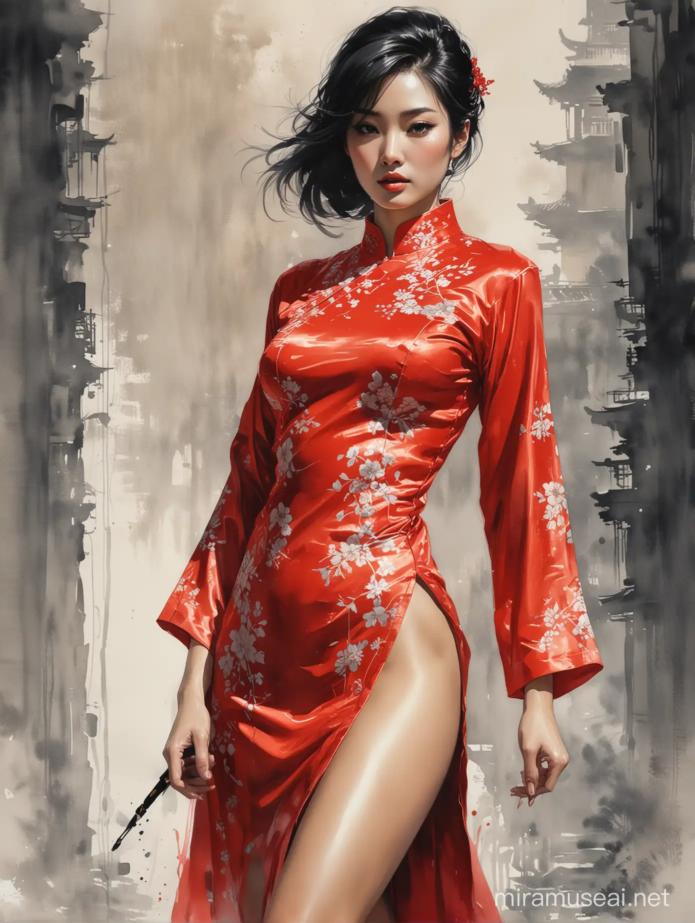 Alex Maleev illustration depicting alluring sultry well-built seductive Sun Zhenni wearing shiny red qipao with high slit, smooth shiny thigh, big black eyes, short wavy black hair, seductive pose, watercolor, no distortion, gray palette, insanely high detail, very high quality