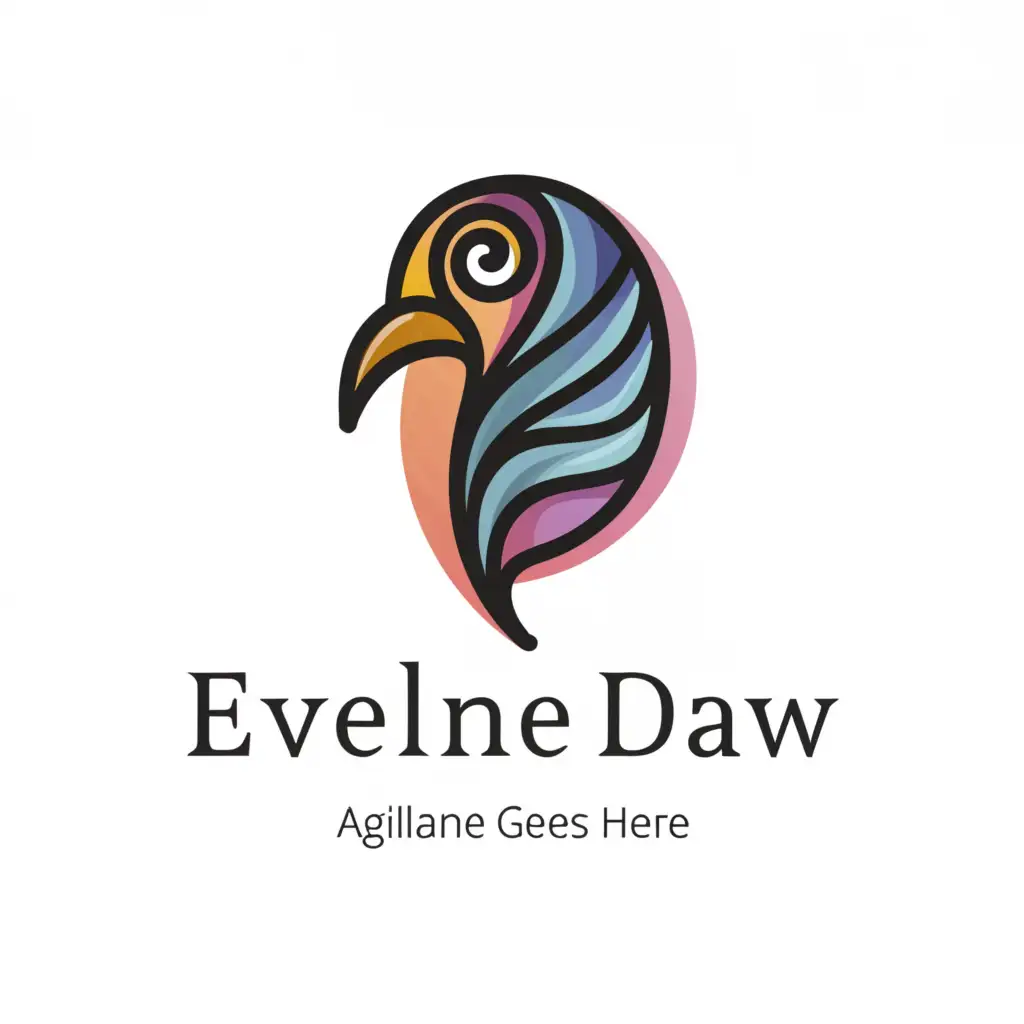 a logo design,with the text "Eveline Daw", main symbol:abstract painted crow head inside feathery water droplet, minimal lines, simple cold colors,Minimalistic,be used in Entertainment industry,clear background