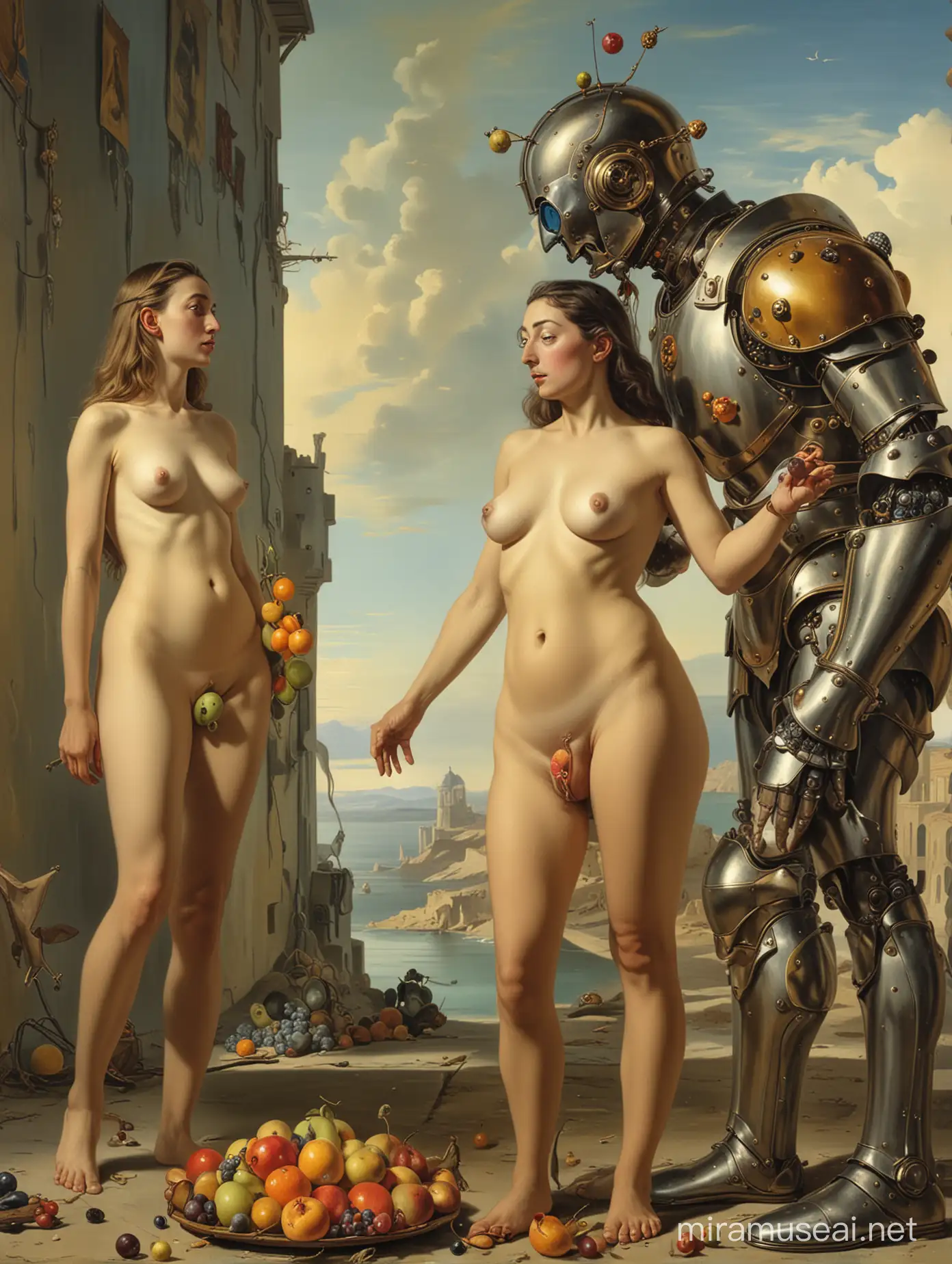 Surreal DaliInspired Scene with Nude Woman Armored Elder and Geopolitical Robot Birth