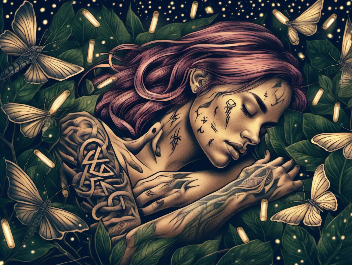 image of a female human with draconic runes tattooed on arms and body, sleeping in a beautiful garden lit up by fireflies