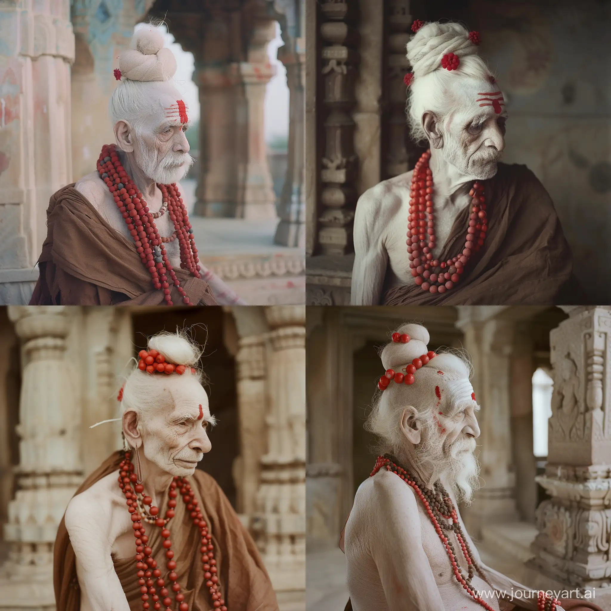    a 80 years old naga sadhu india  whit in his hair  red beads and around his neck  white   hair in haarknot  whit skin  wearing  underneath a old brown cloth is sitting    before  old tempel rajasthan
  total body 35mm soft contrast soft light