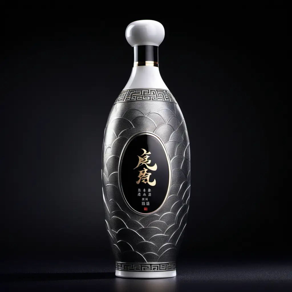 Chinese liquor packaging design, high end liquor, 500 ml ceramic bottle, photograph images, high details, silver and black texture, novel and original bottle shape