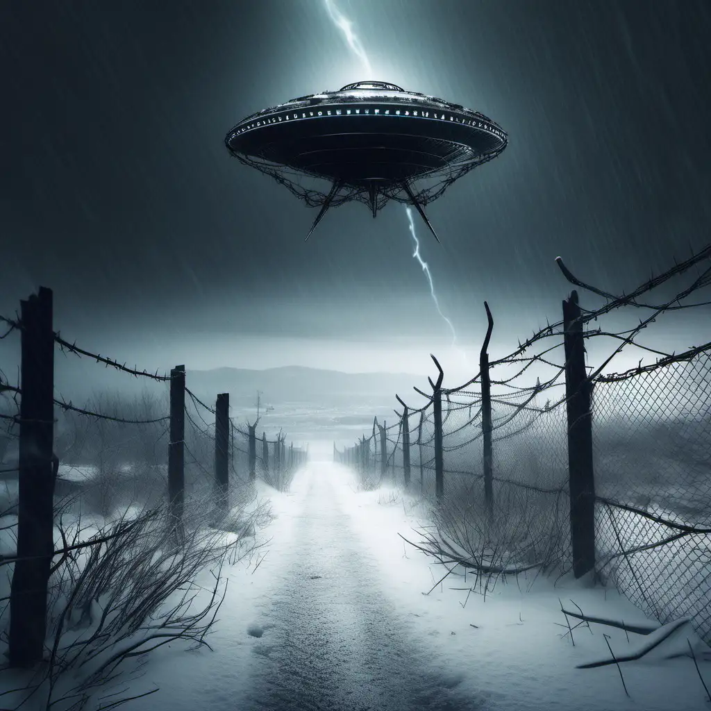 Show me a dark and snowy scene. Incorporate barbed wire and a sci-fi, dark feel and a small ufo in the distance.