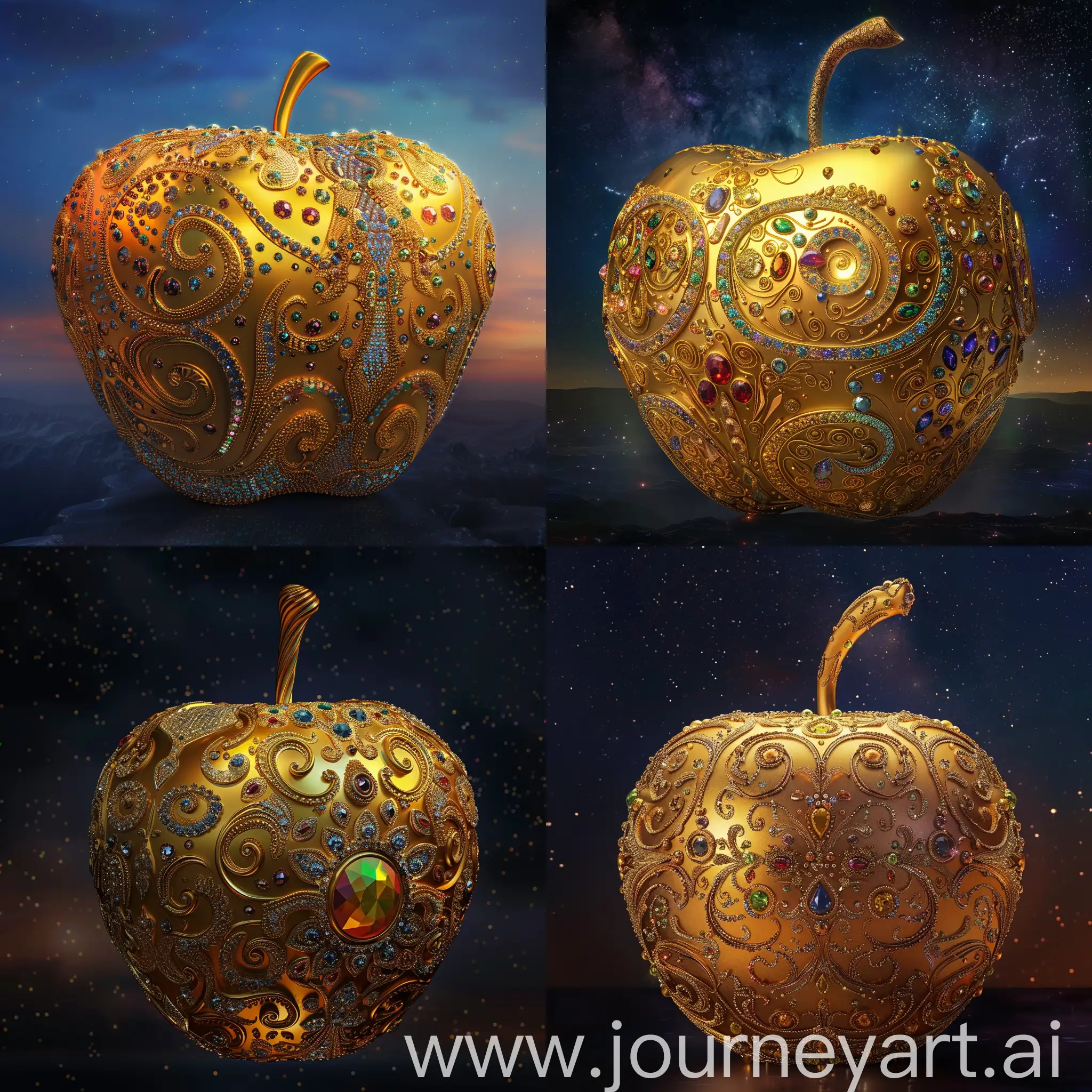 The golden apple!!!!!decorated with colorful patterns made of precious stones!!!!!!!!! against the background of the night sky!!!!!! intricate design, ornate and flowing, magical three-dimensional details, fantasy. intricate curls, beautiful ornate details, super-complex details, super-detailed metal products, exquisitely ornate, detailed and intricate image, curls, frontal light, octane number, medium sharpness, high detail