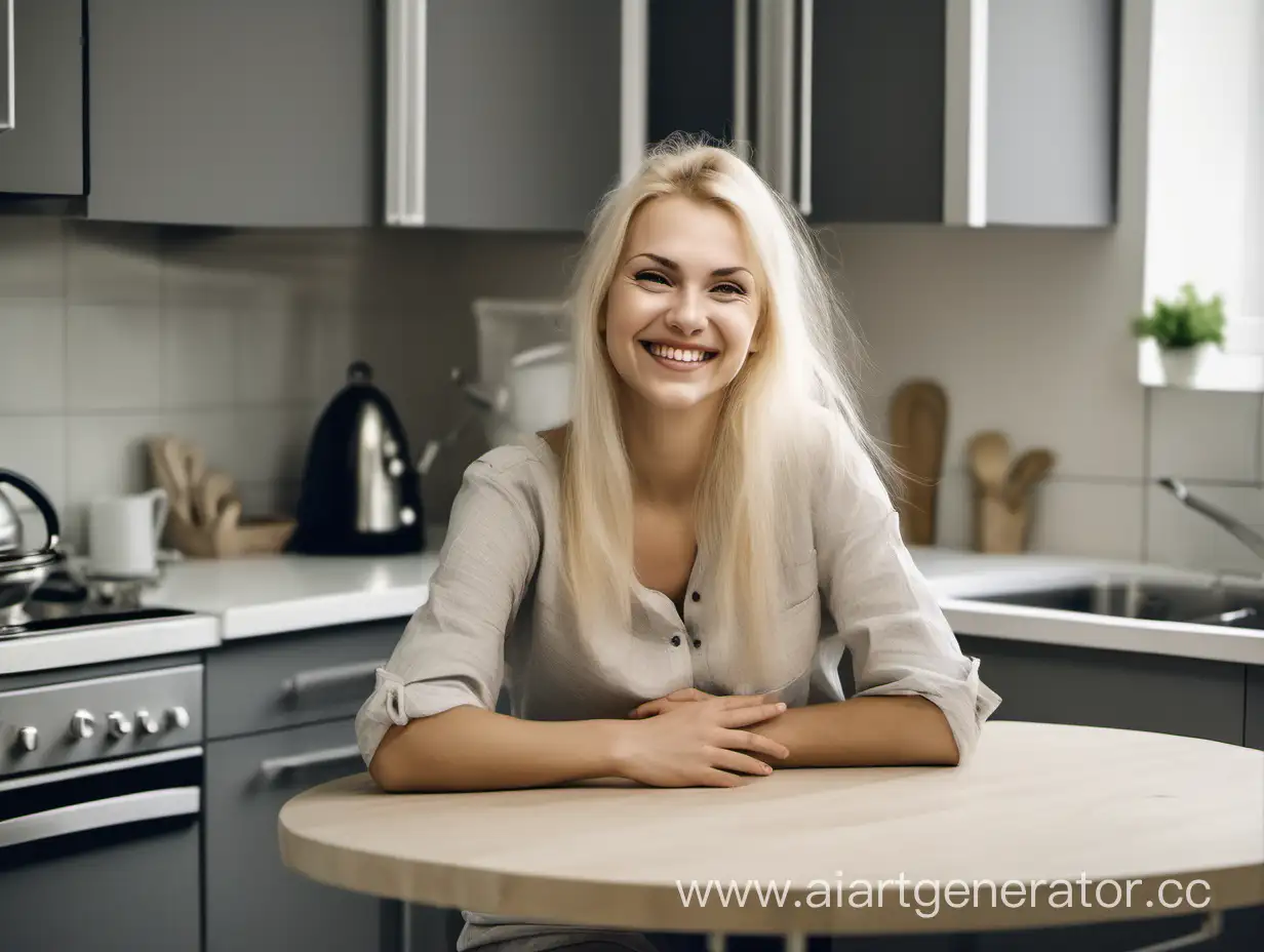 Женщина 30 лет, славянской внешности, блондинка, улыбается, смеется. Сидит за столом на кухне. Кухонный гарнитур графитового цвета.