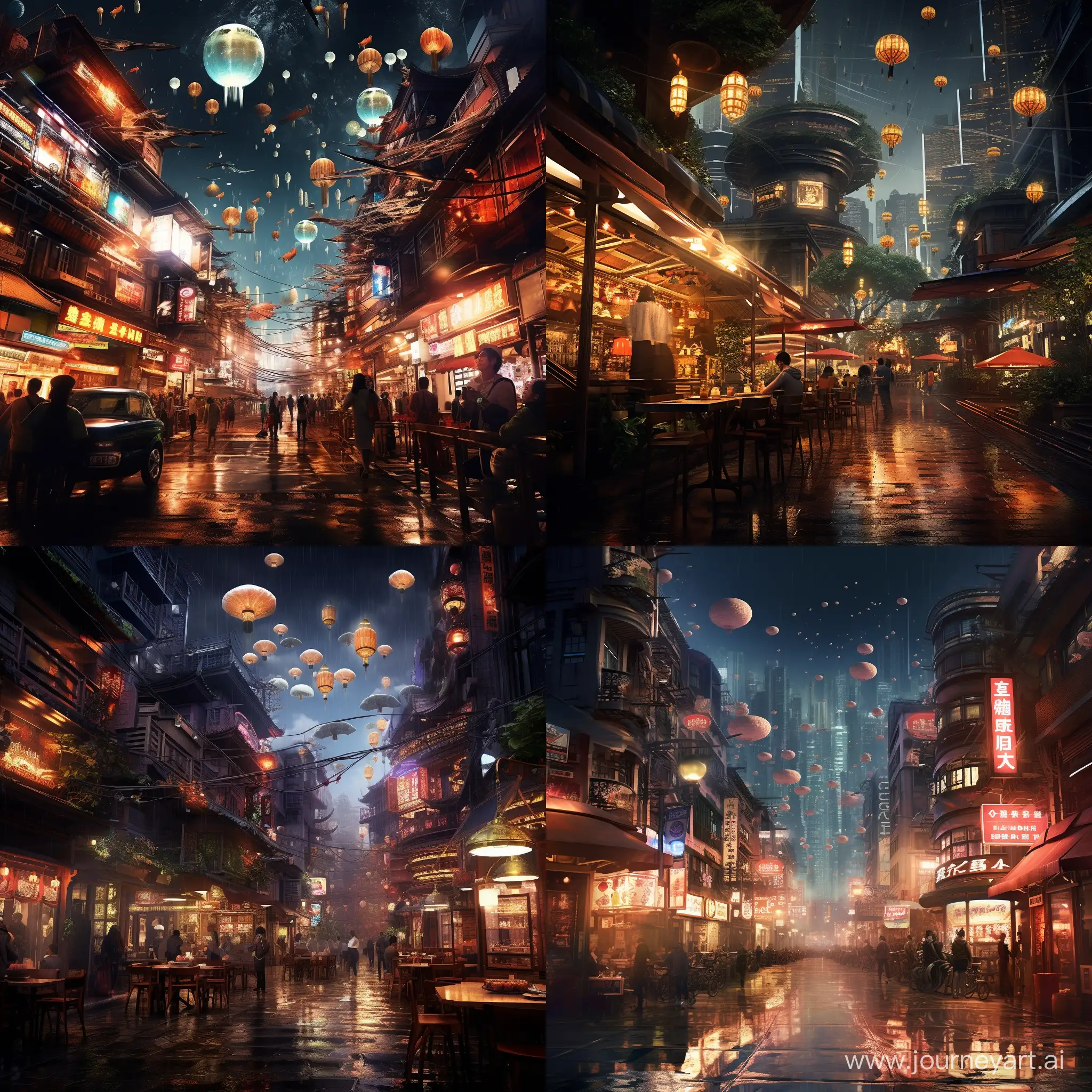 Futuristic-Cyberpunk-Cityscape-with-Flying-Cars-and-Rainy-Night-Atmosphere