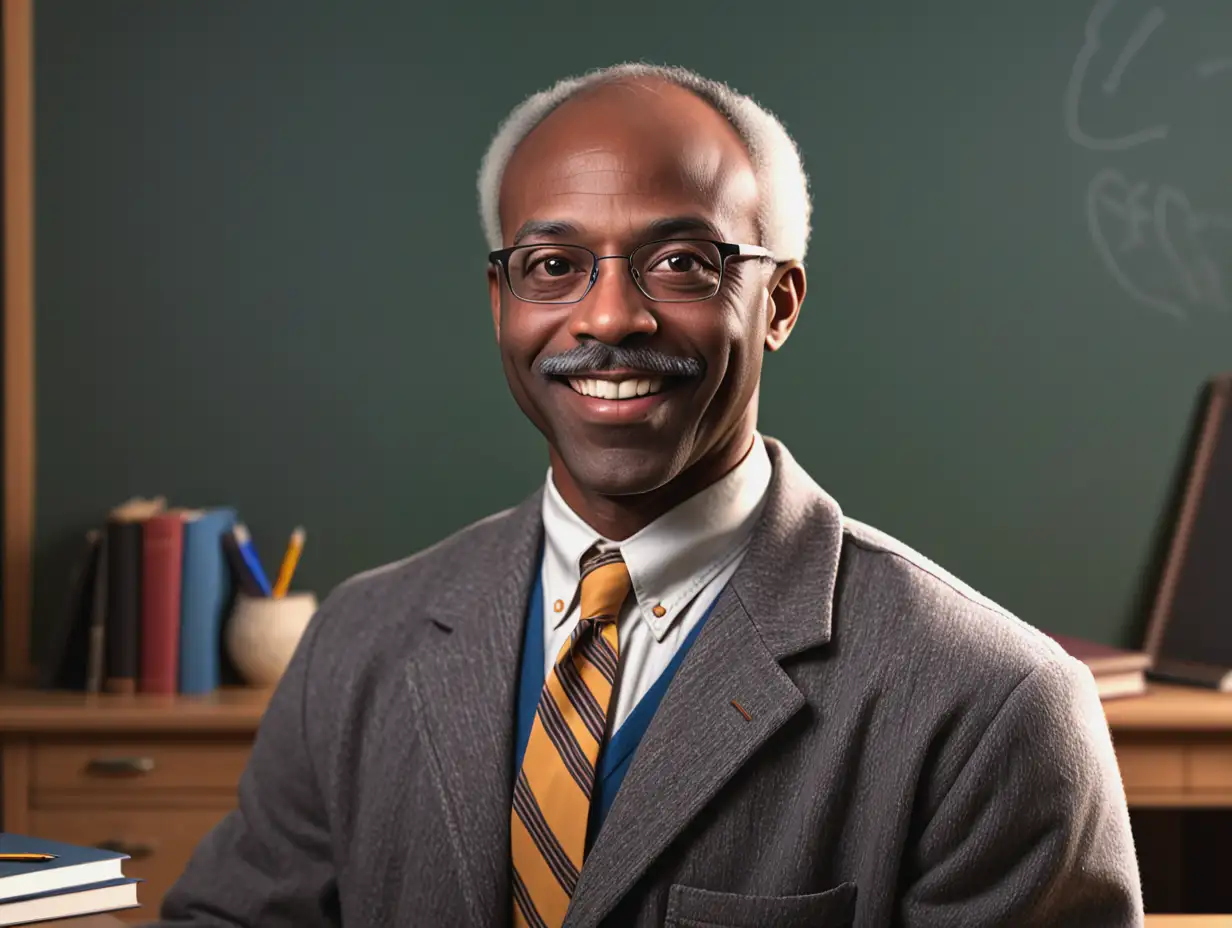Generate an image of an friendly, eccletic, middle aged black male college professor.
